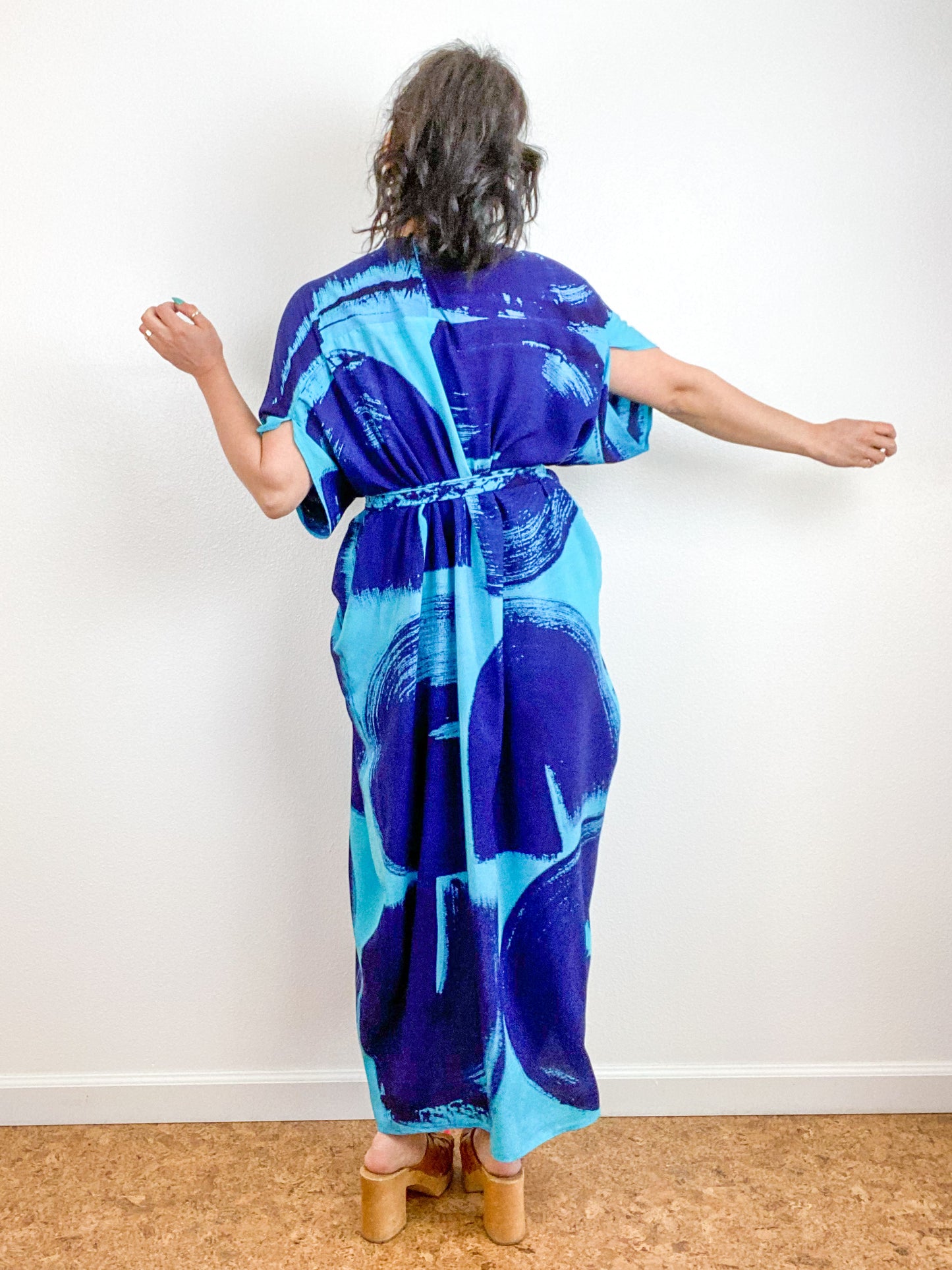 Hand-Dyed High Low Kimono Turquoise Royal Brushstroke