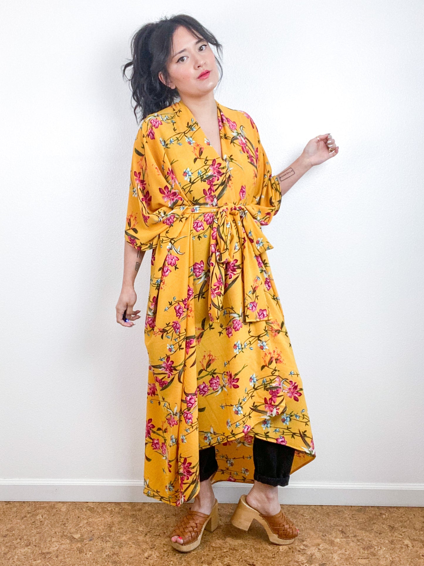 Print High Low Kimono Marigold Floral Bubble Crepe
