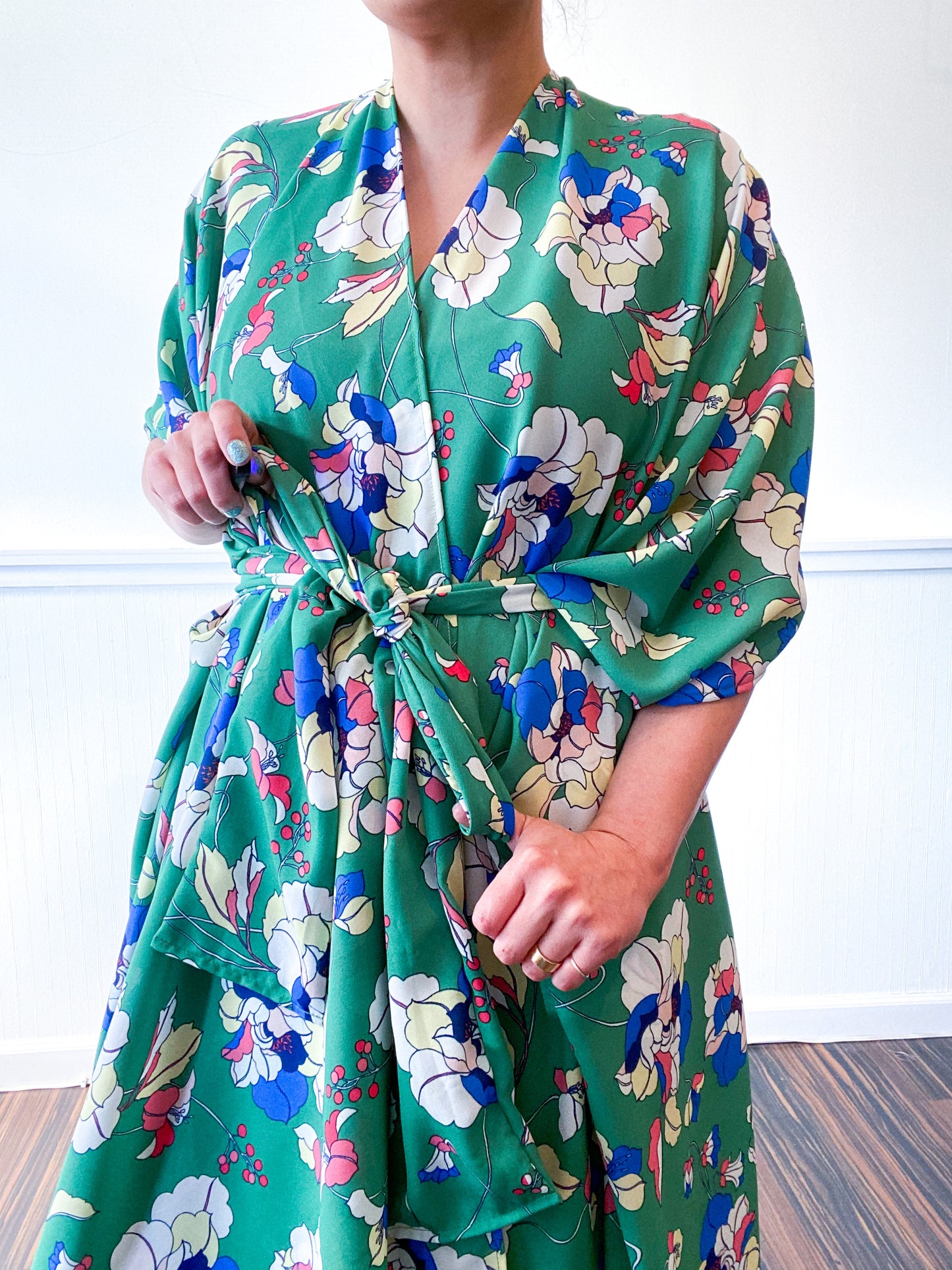 Print High Low Kimono Green Floral Georgette