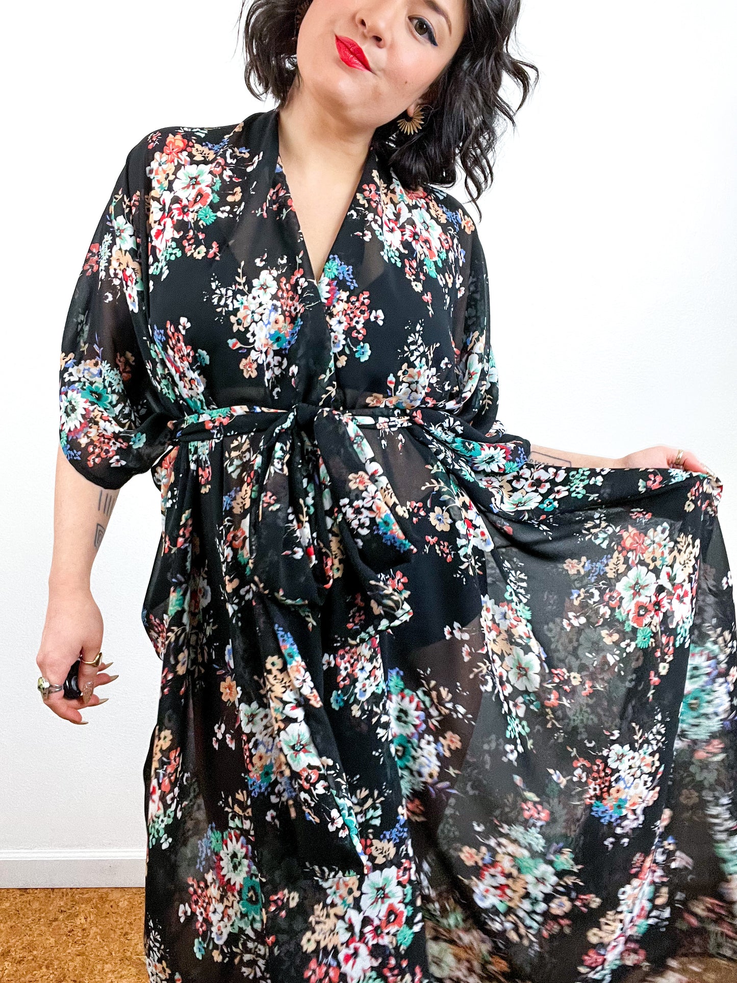 Print High Low Kimono Black Floral Bouquet Chiffon
