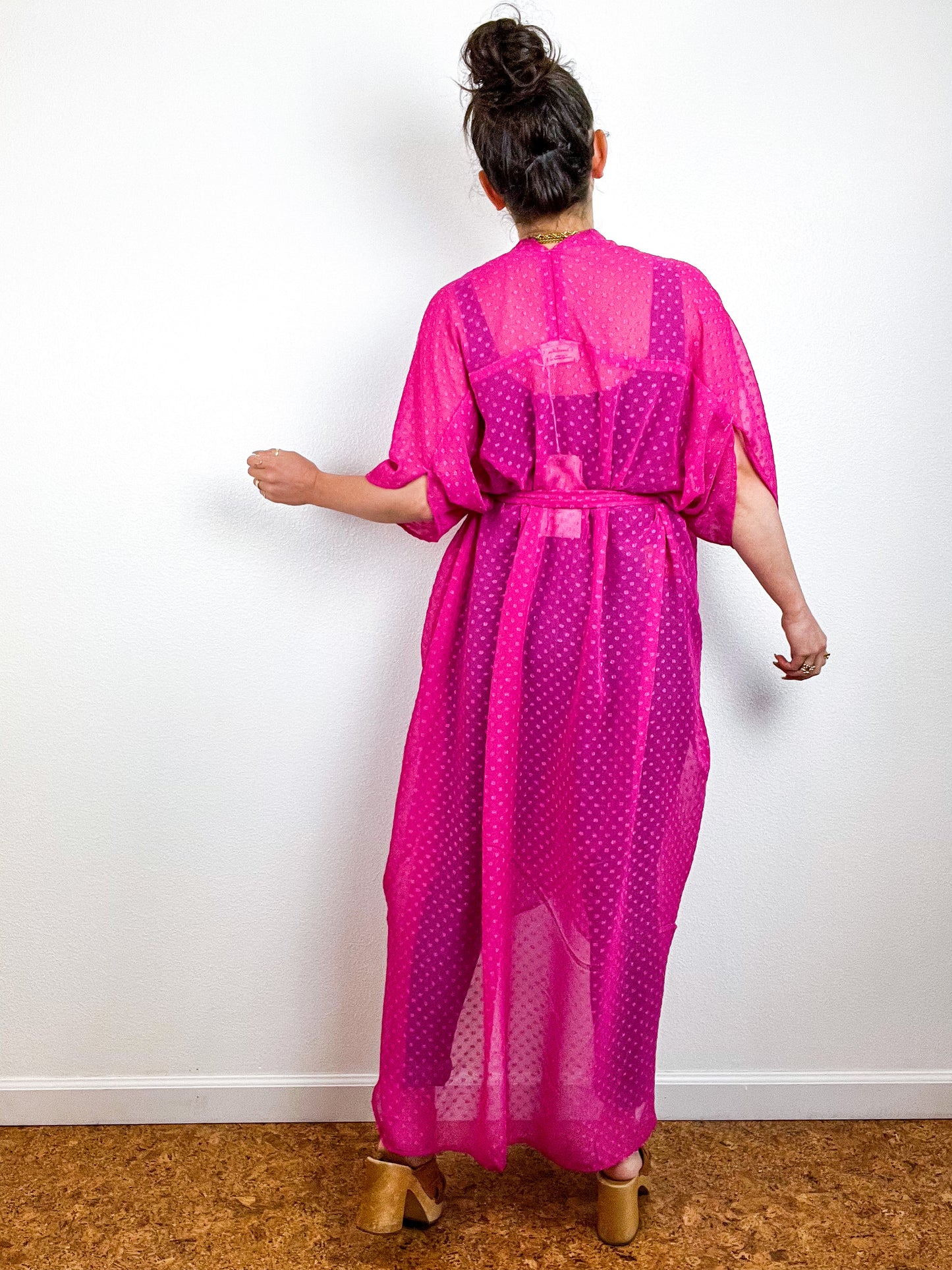 Solid High Low Kimono Fuchsia Swiss Dot Chiffon