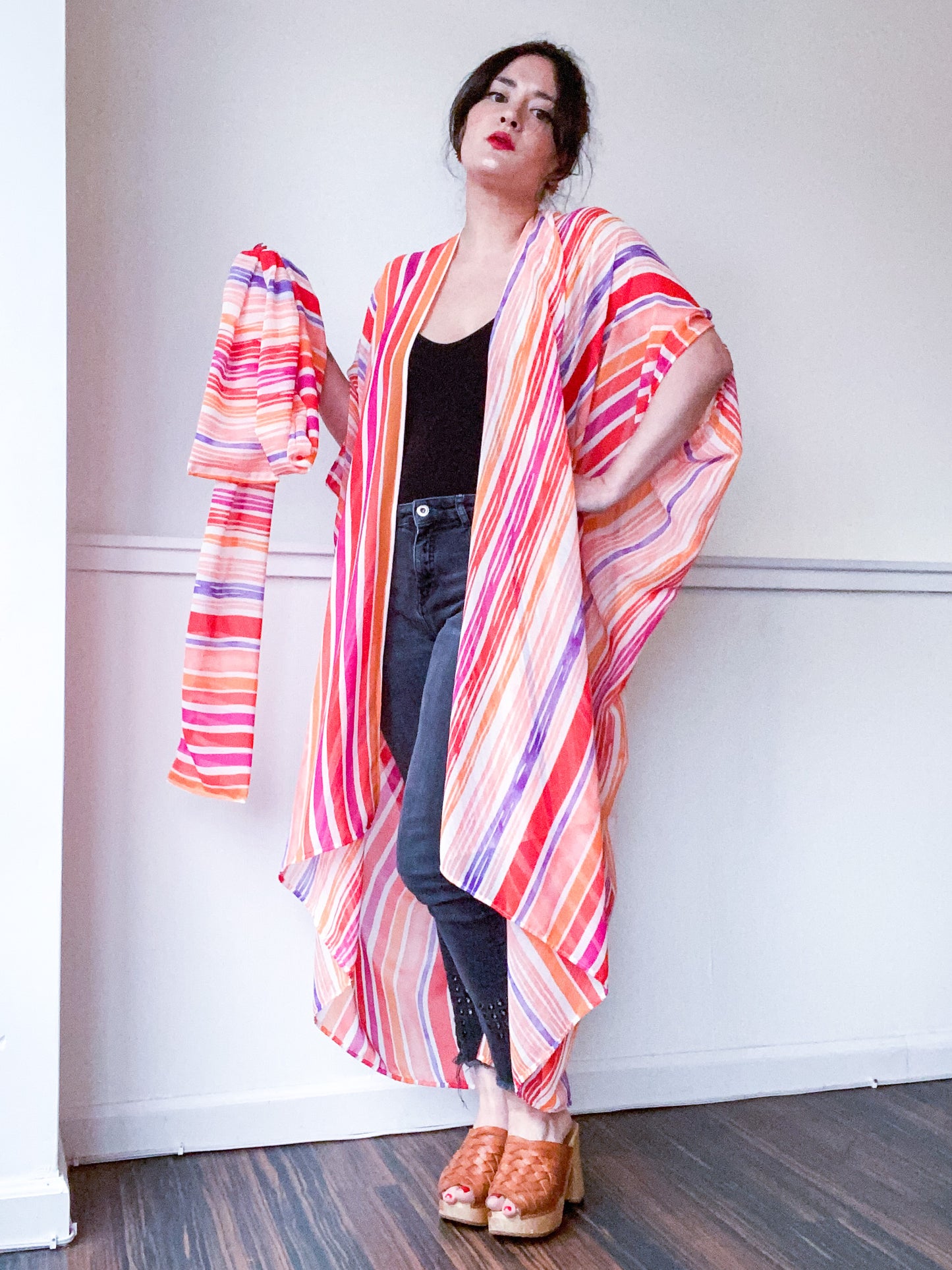 Print High Low Kimono Stripes Chiffon