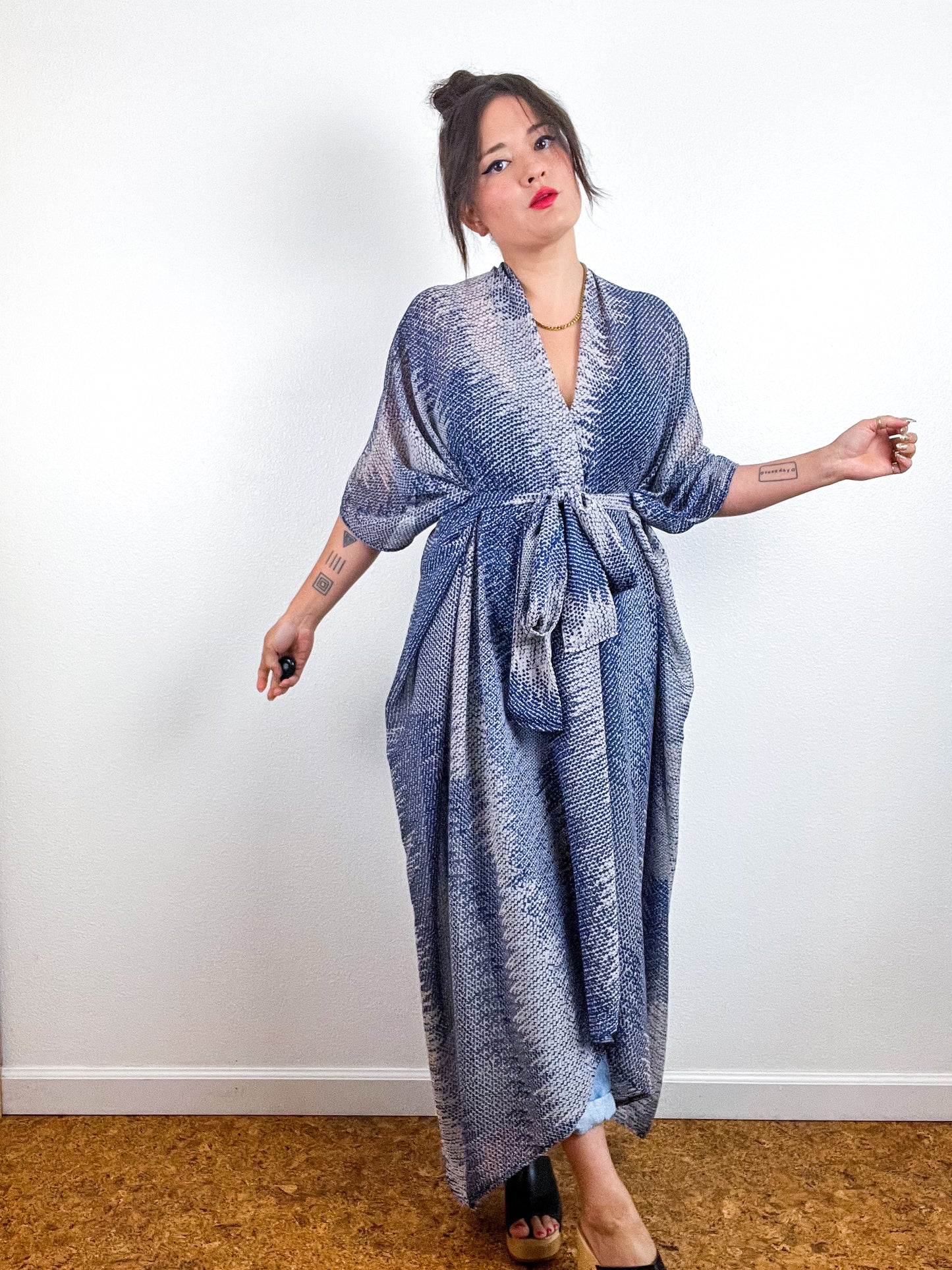 Print High Low Kimono Blue Waves Crinkle Chiffon