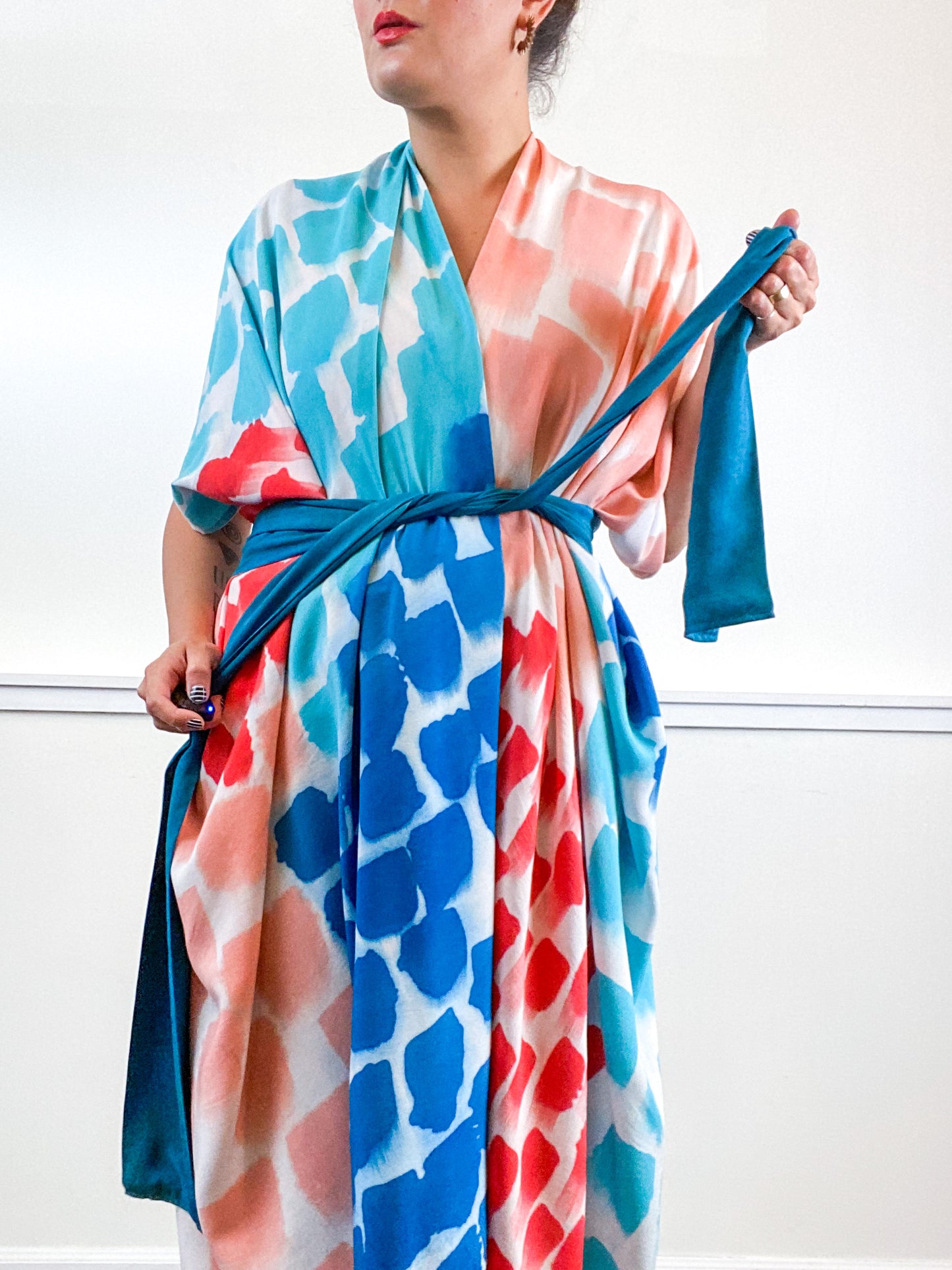 OOAK Hand-Dyed High Low Kimono Coral Parakeet Scarlet Kingfisher Rectangles