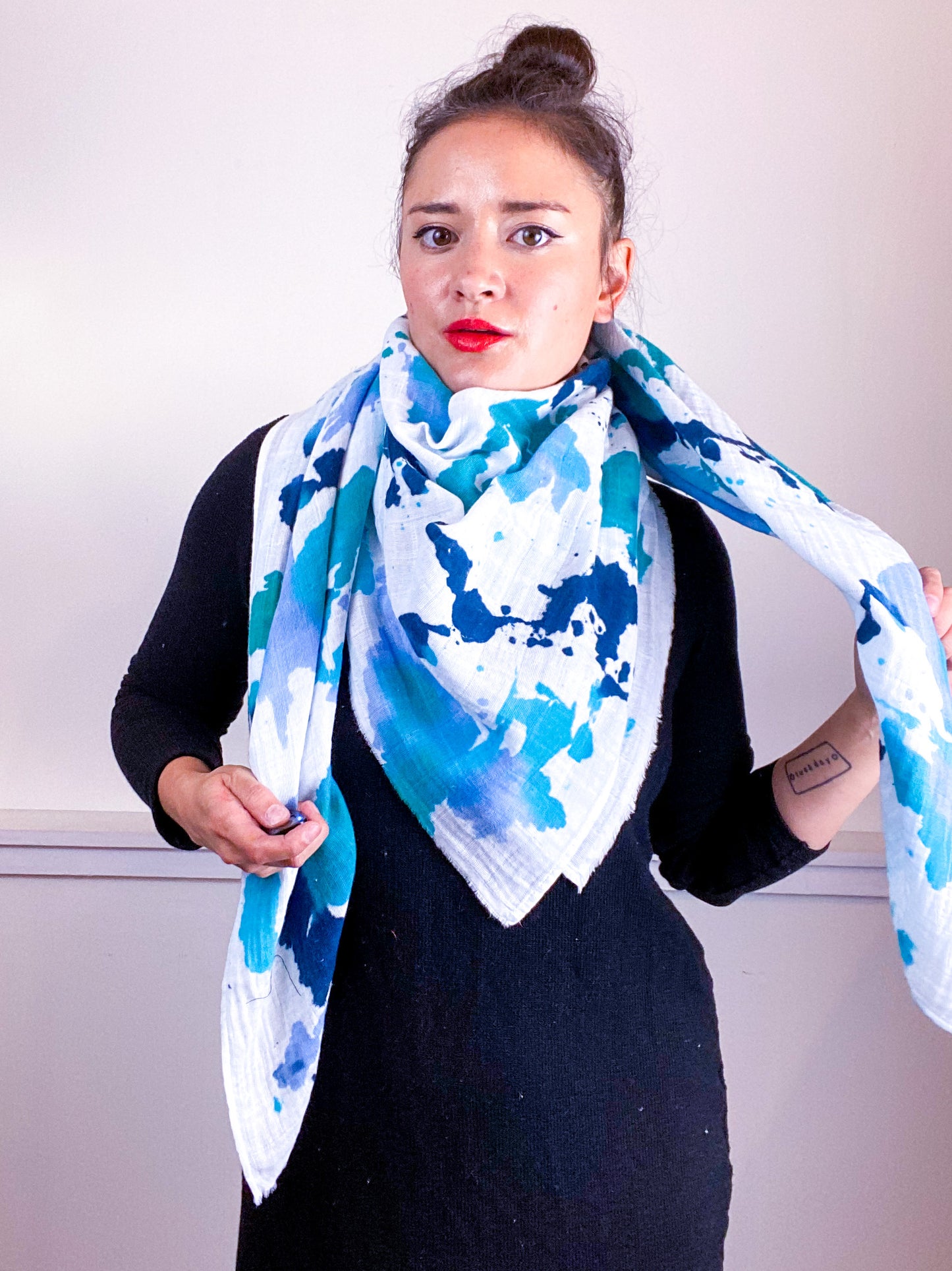 Hand-Dyed Large Square Scarf Teal Parakeet Baby Blue Aqua