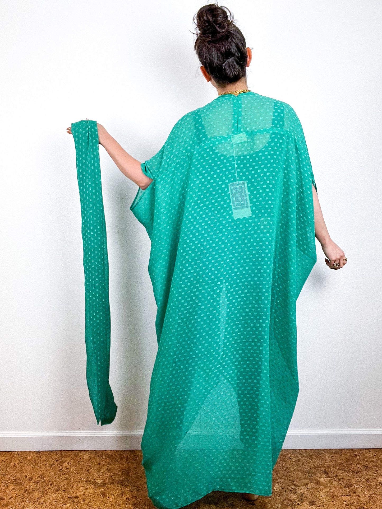 Print High Low Kimono Kelly Green Swiss Dot Chiffon