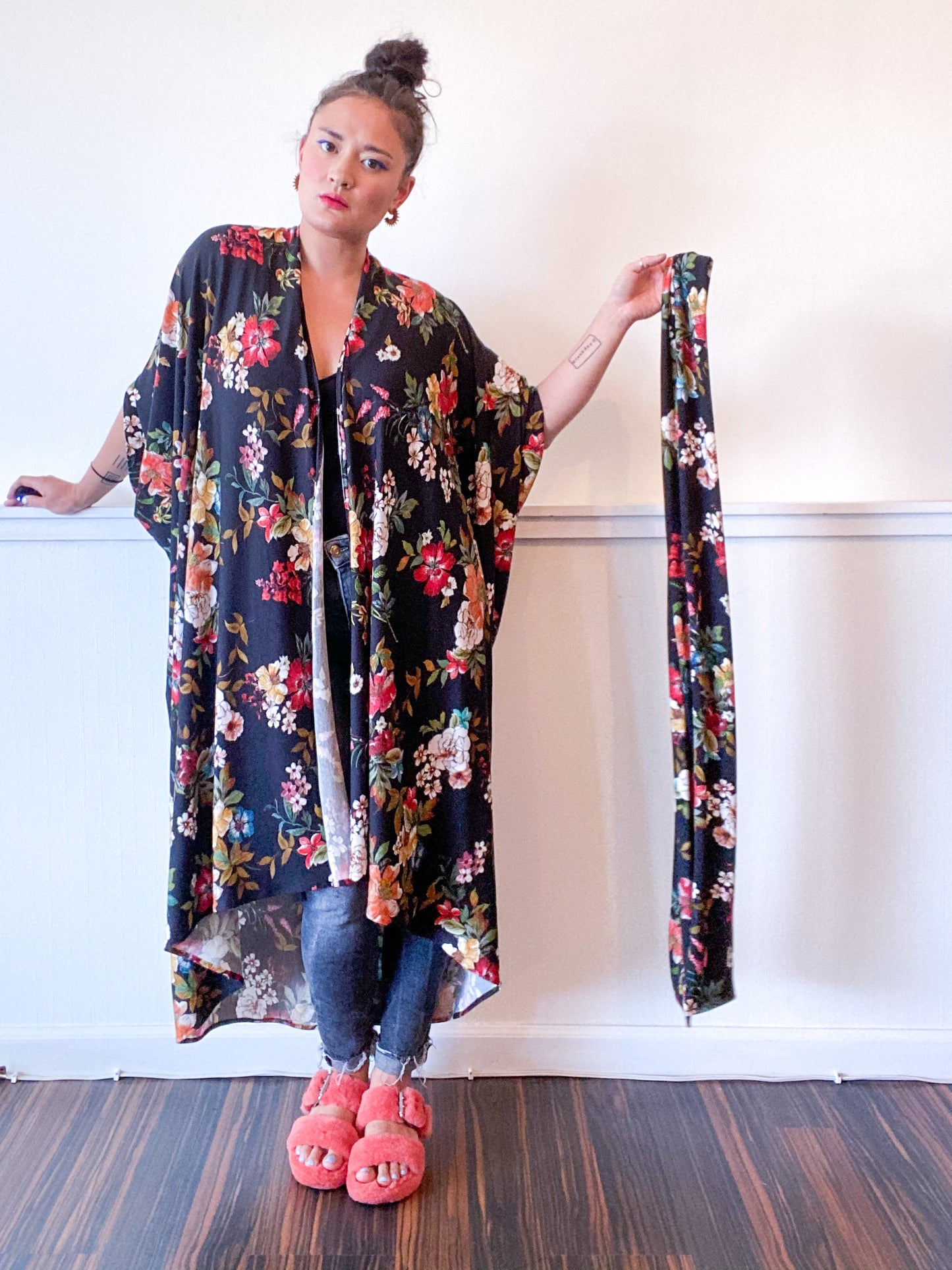 Print High Low Kimono Black Floral Knit