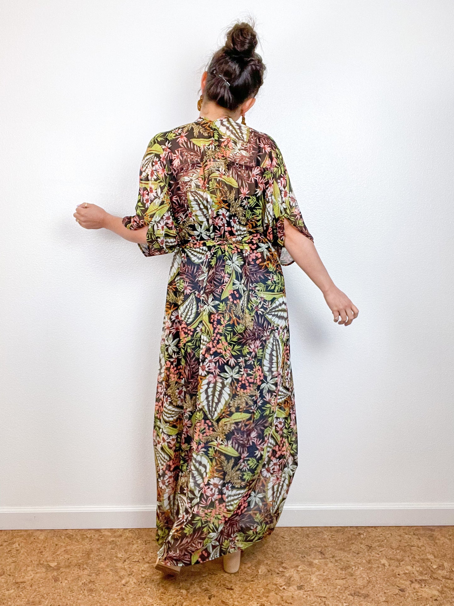 Print High Low Kimono Black Green Tropical Chiffon