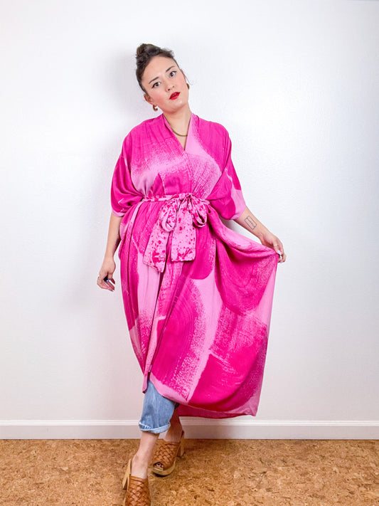 Hand-Dyed High Low Kimono Pink Fuchsia Brushstroke