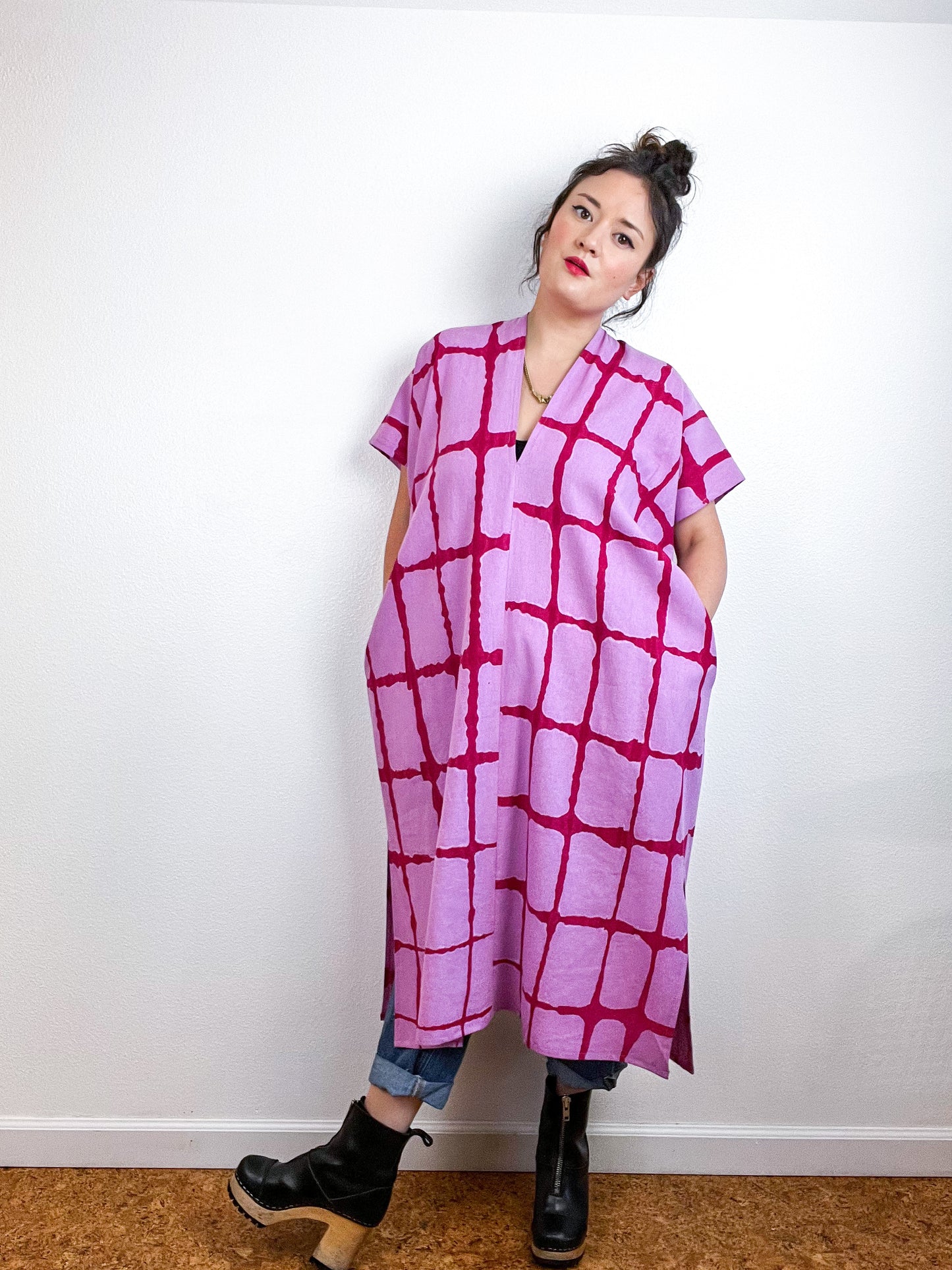 Hand-Dyed Midi Smock Dress Lilac Fuchsia Windowpane