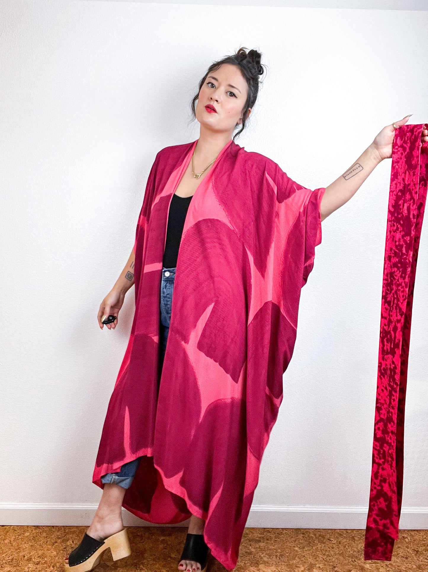 Hand-Dyed High Low Kimono Coral Maroon Brushstroke
