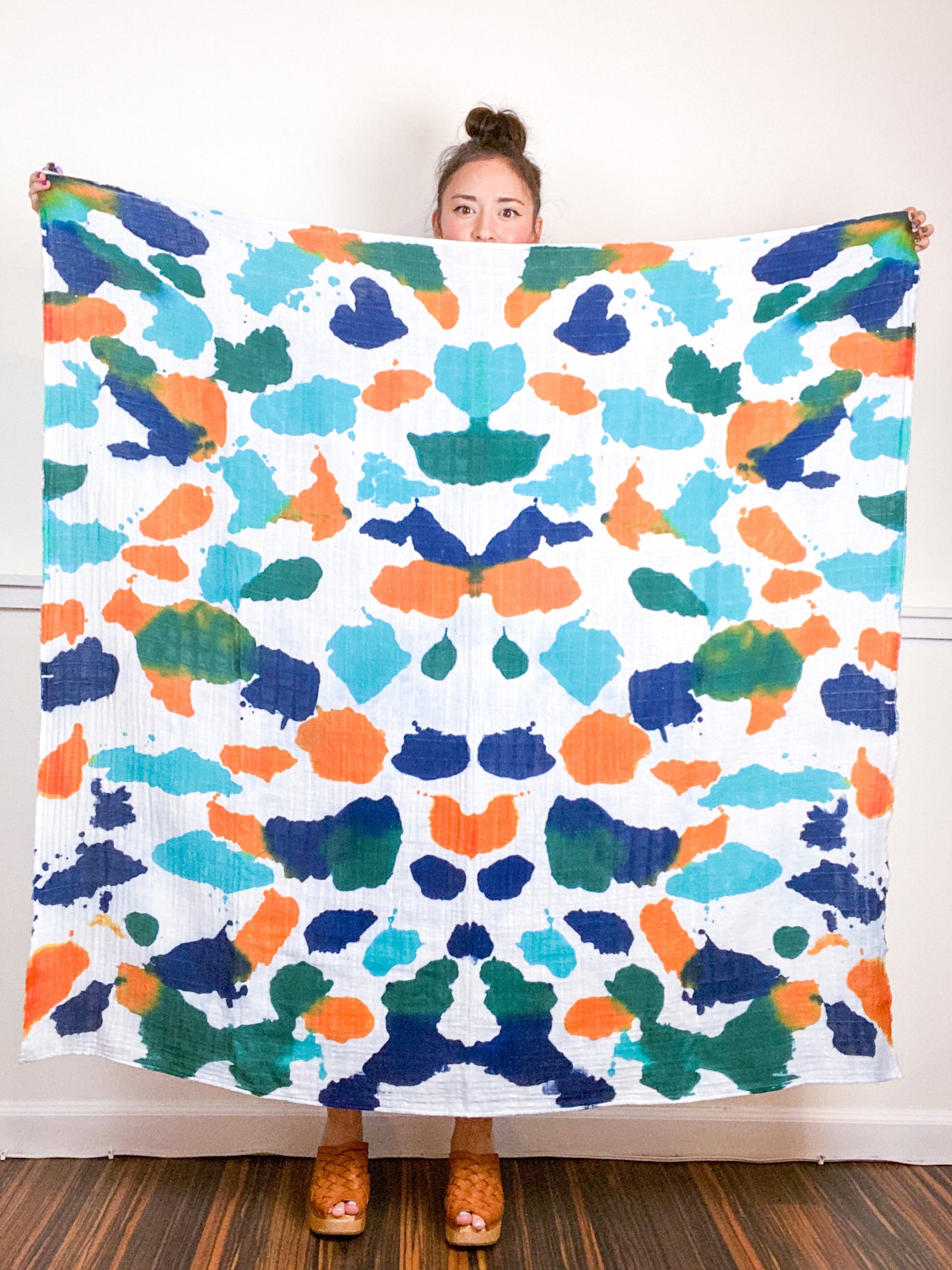 Hand-Dyed Large Square Scarf Indigo Tangerine Emerald Parakeet