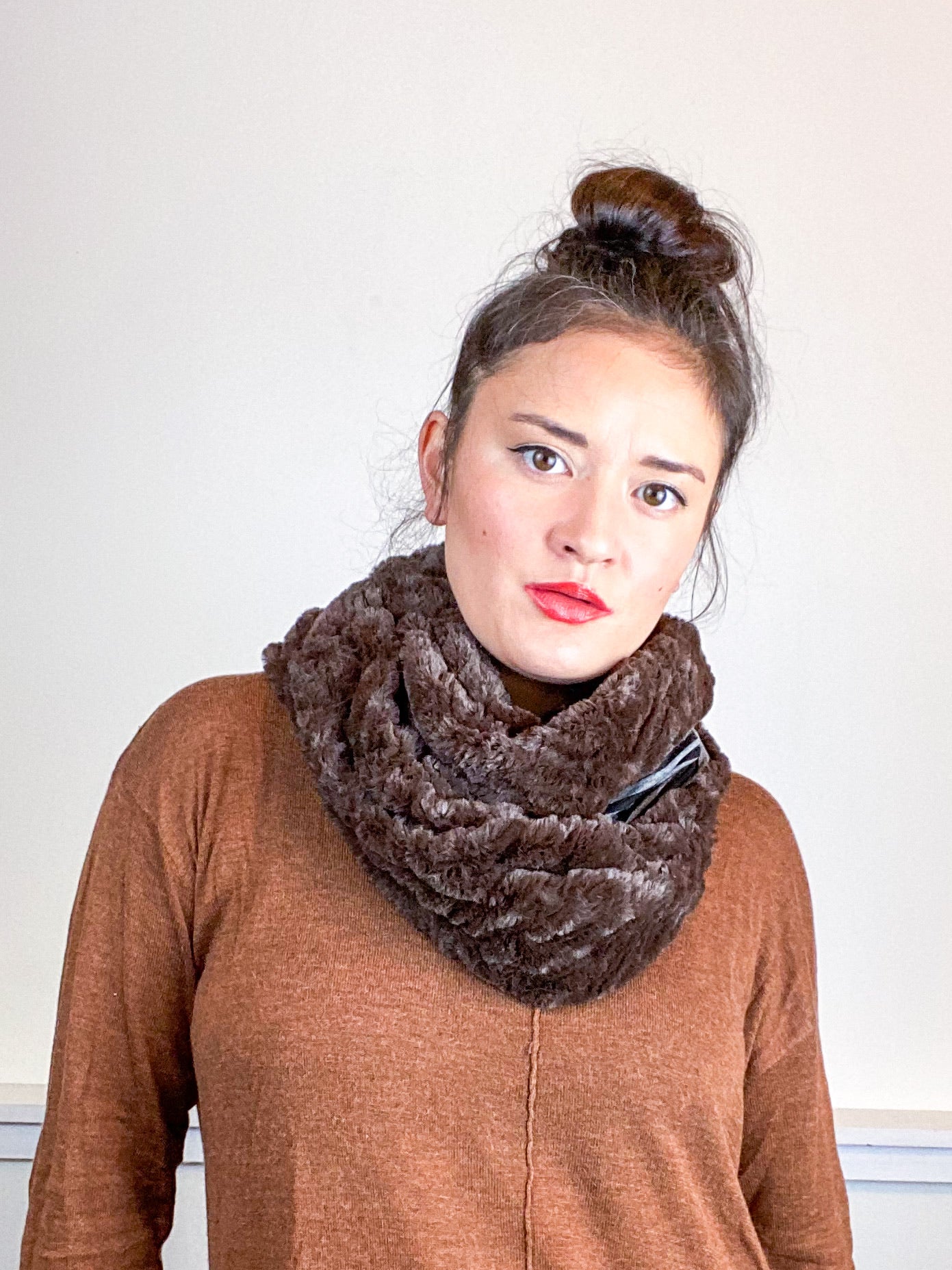 Faux Fur Circle Scarf Brown on Black Stripes