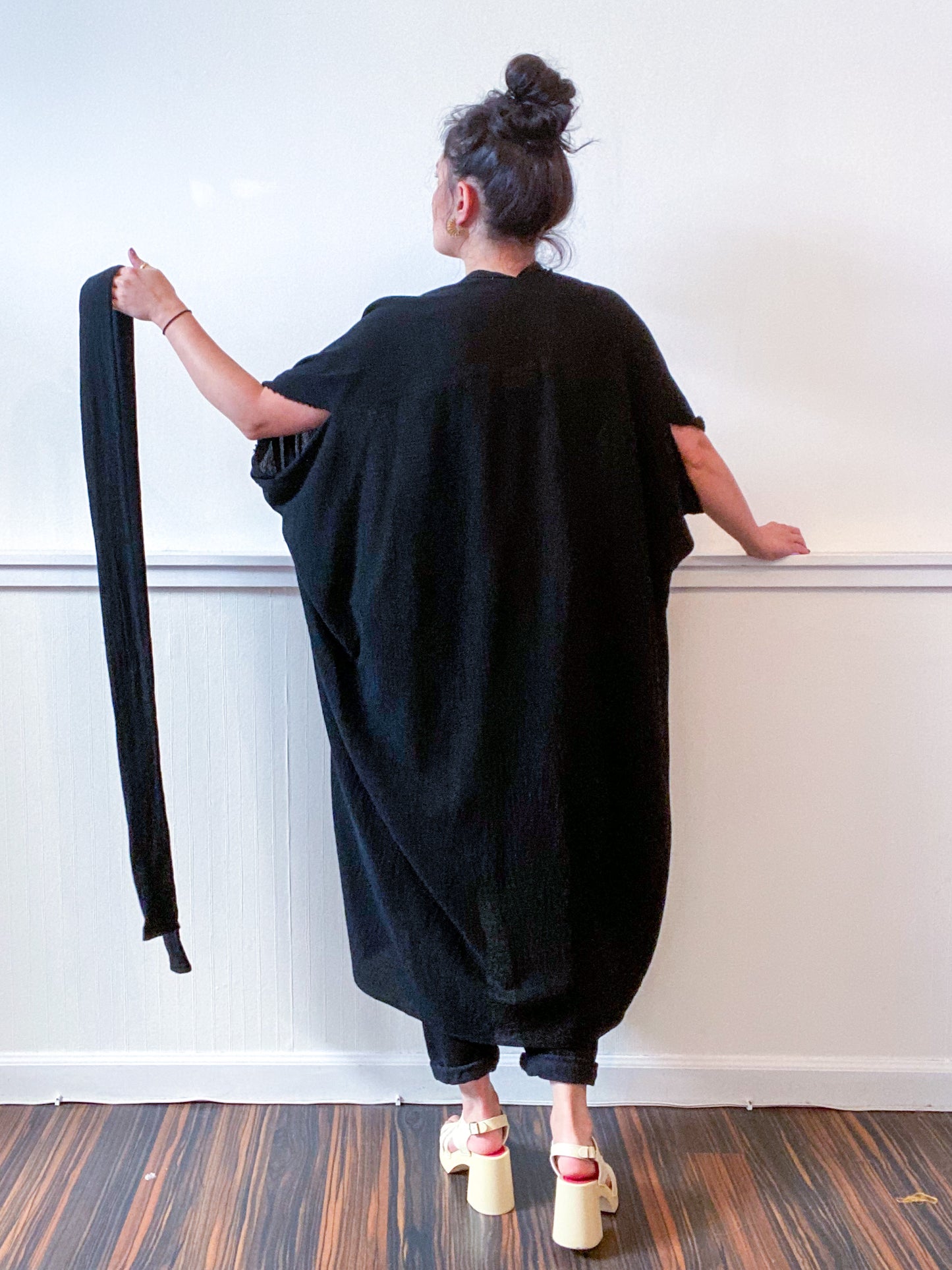 Solid High Low Kimono Black Cotton Gauze