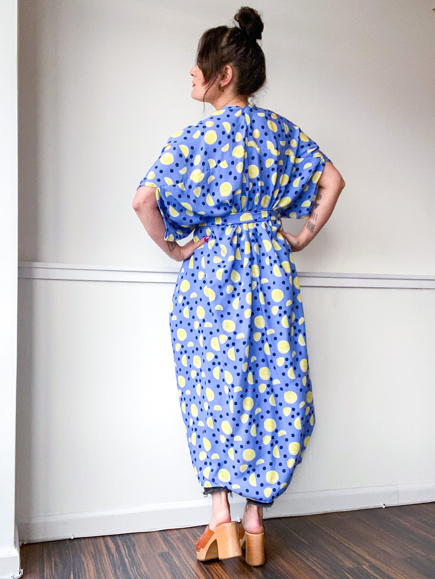 Print High Low Kimono Emerald Floral Blue Lemon