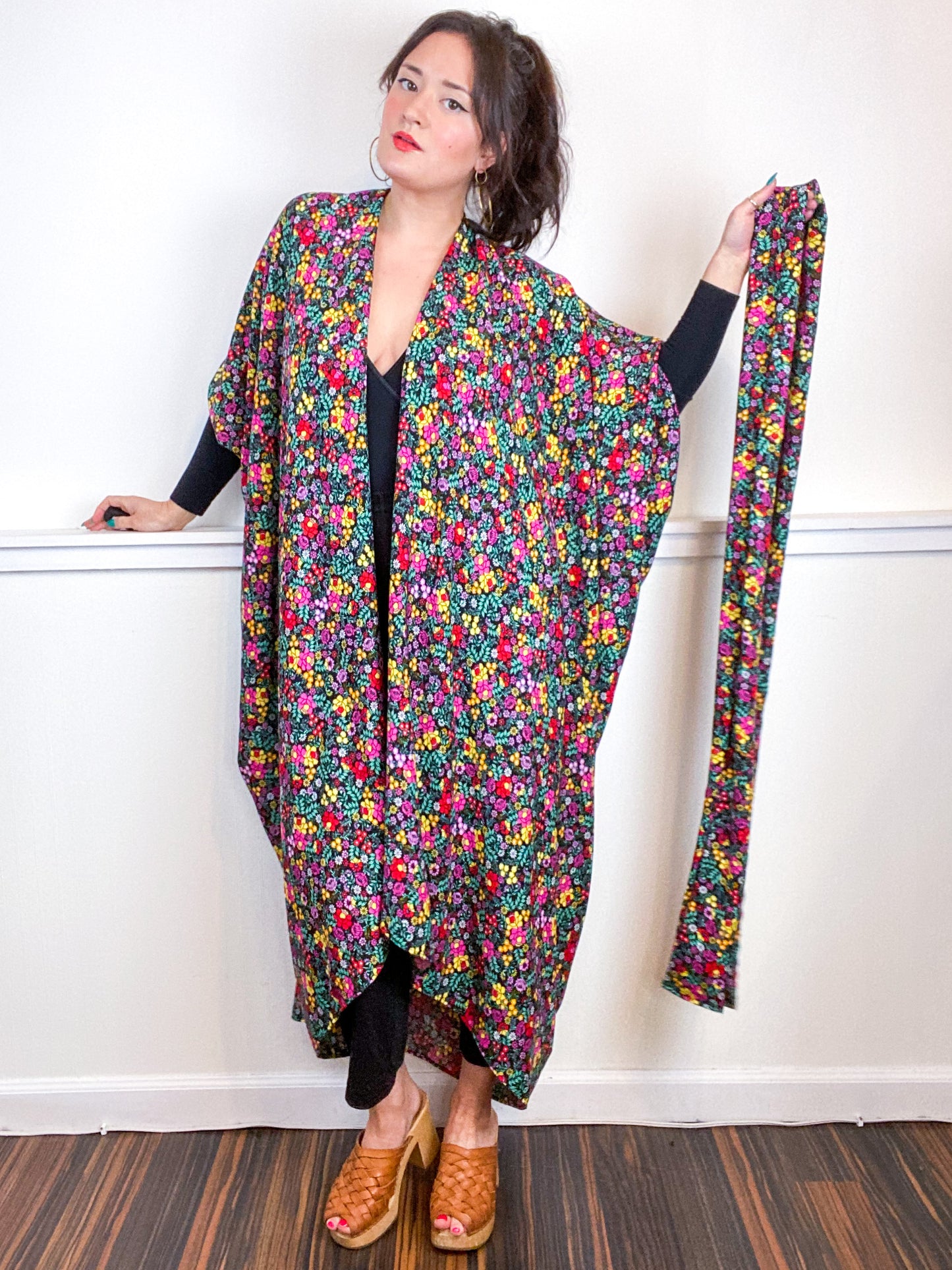 Print High Low Kimono Black Mini Floral Rayon Challis