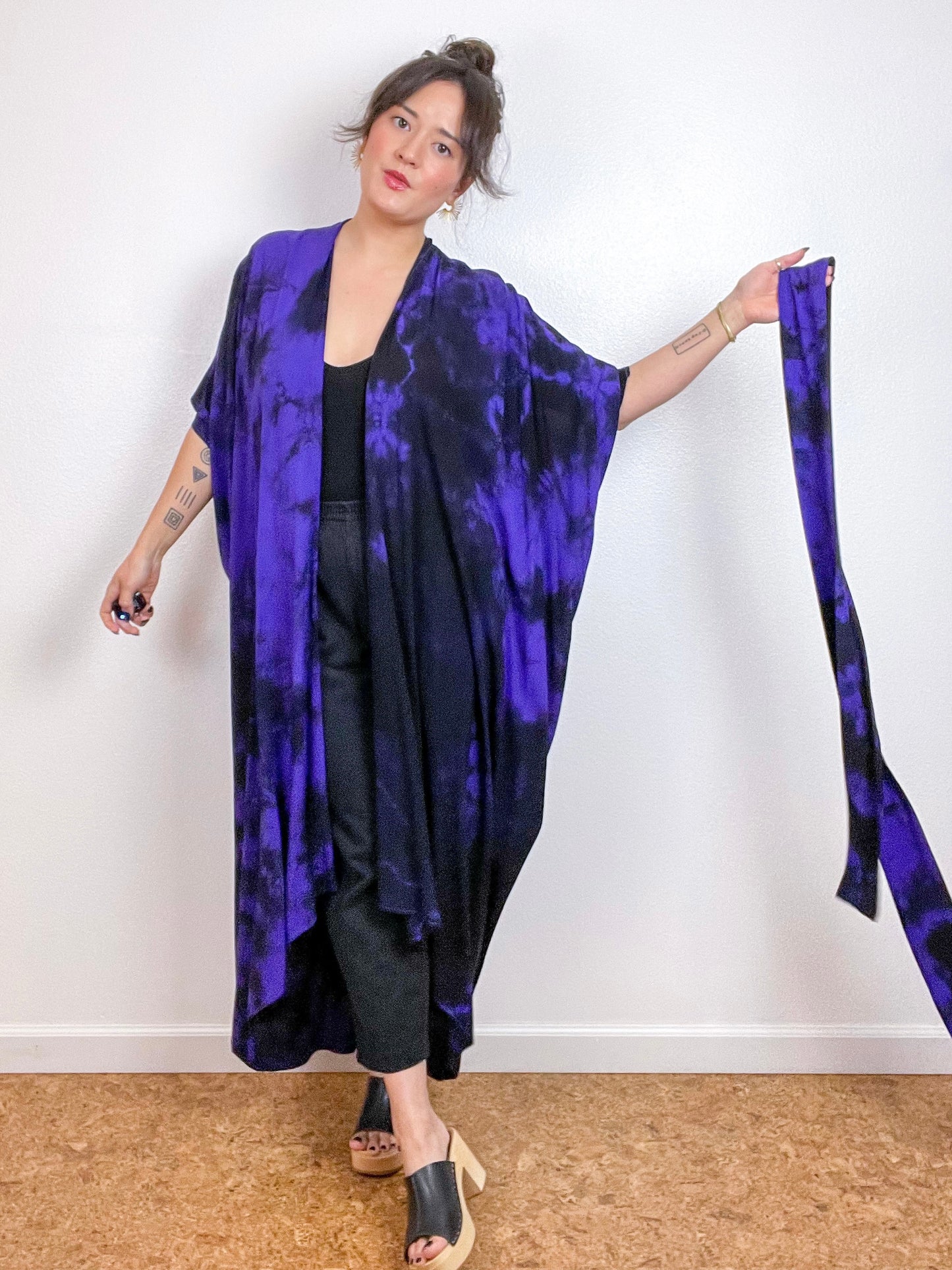 Hand-Dyed High Low Kimono Purple Black Tie