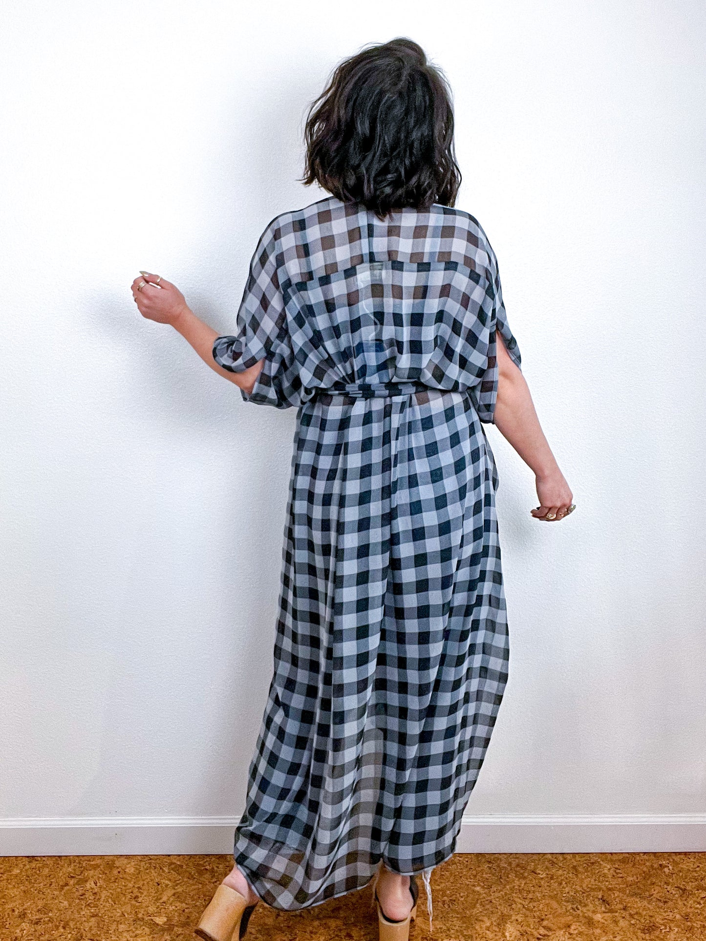 Print High Low Kimono Black Grey Checker Chiffon