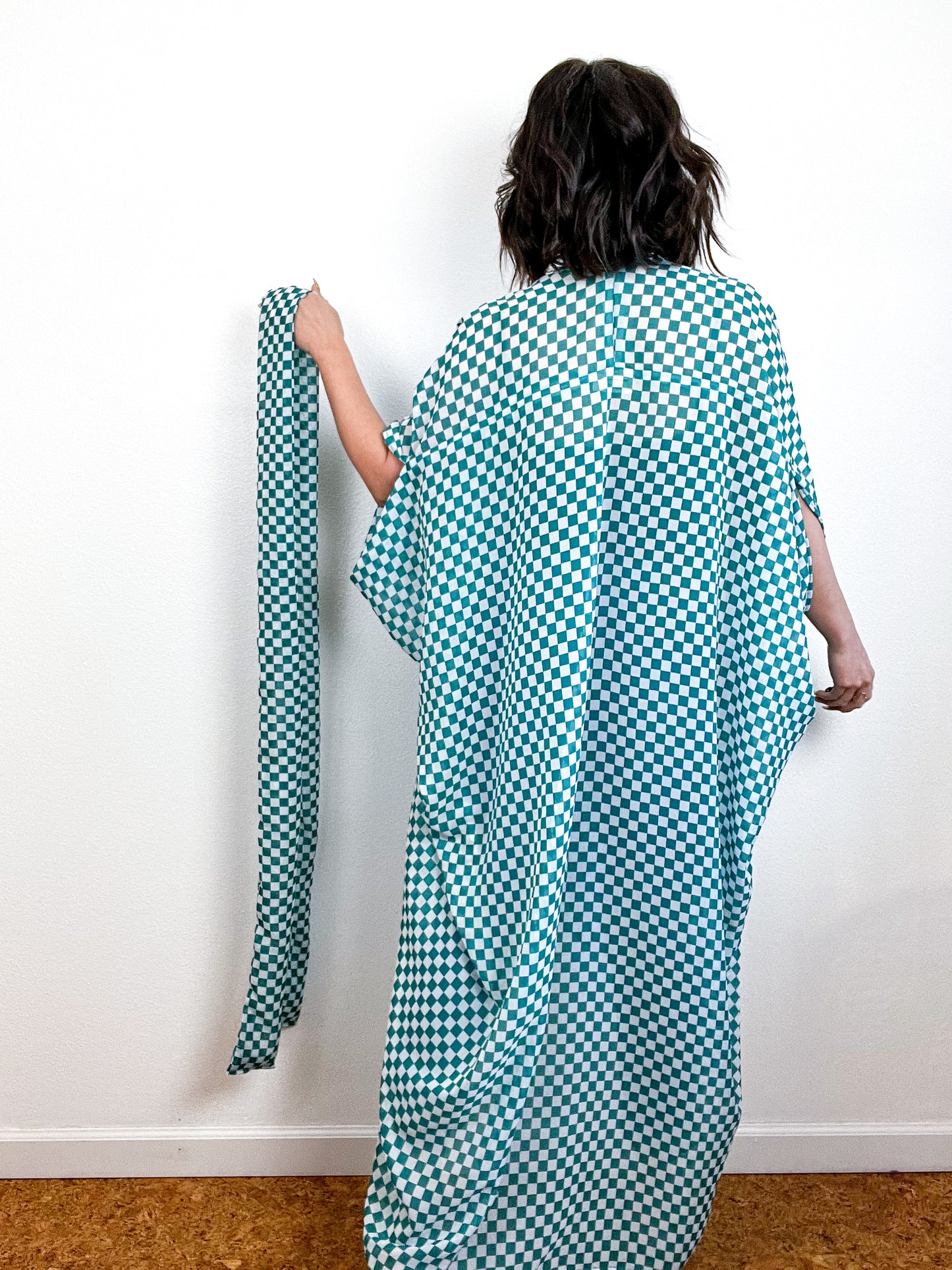 Print High Low Kimono Green Checker Chiffon