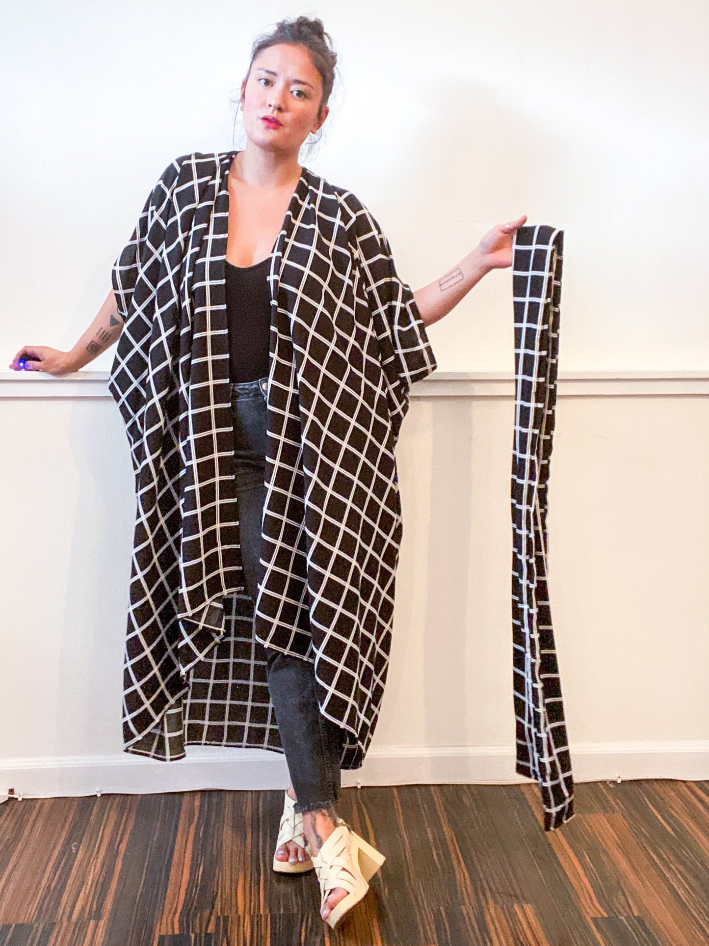 Print High Low Kimono Black Windowpane Rayon Challis