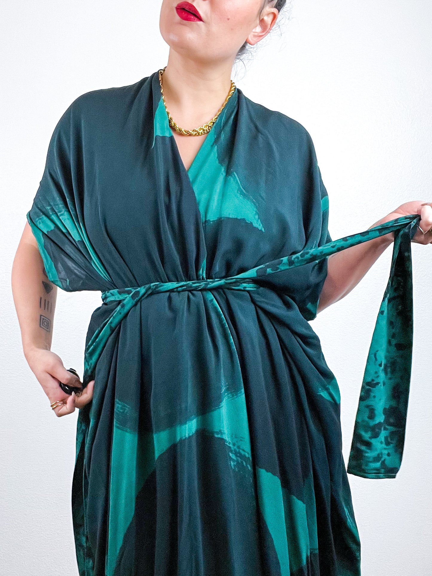 Hand-Dyed High Low Kimono Emerald Black Brushstroke