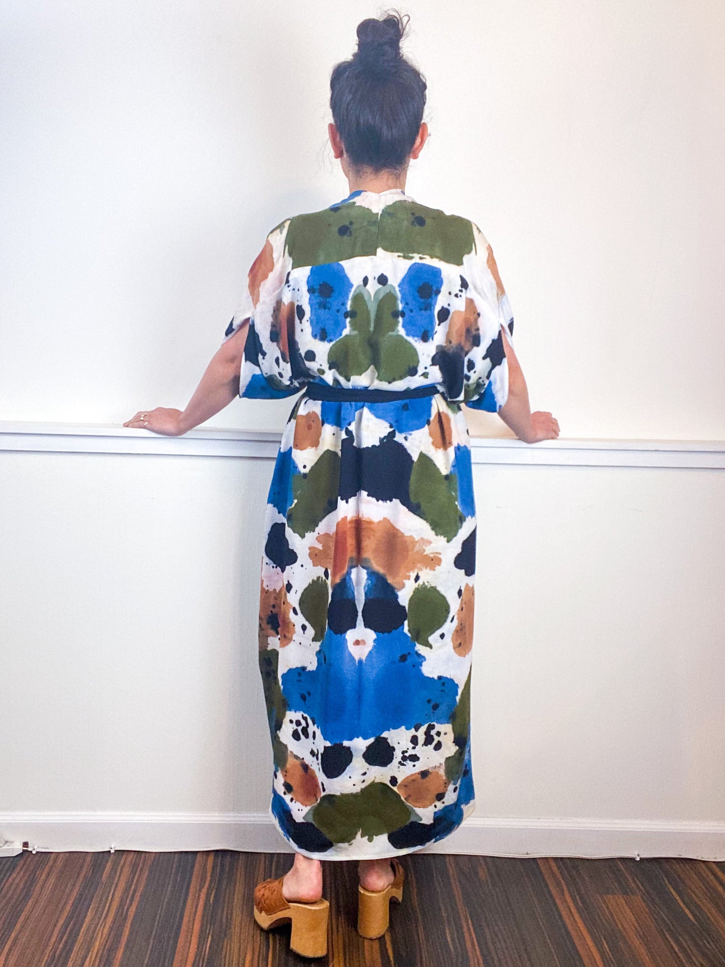 OOAK Hand-Dyed High Low Kimono Terracotta Moss Denim Raven Inkblot