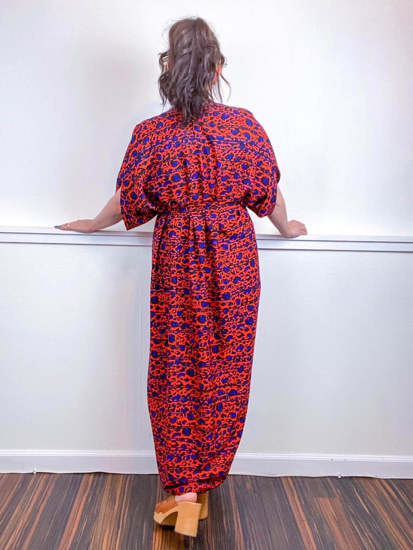 Print High Low Kimono Orange Blue Leopard Crepe