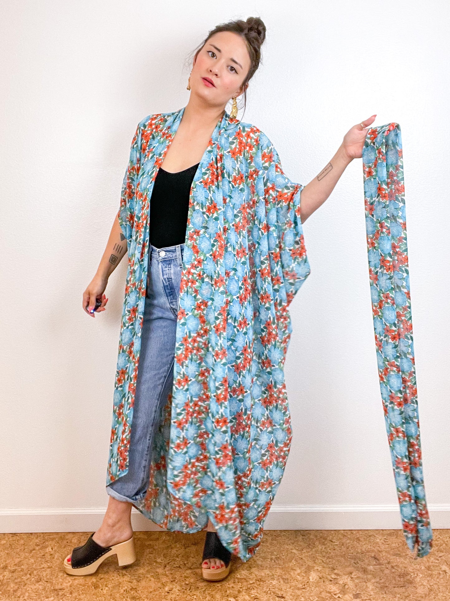 Print High Low Kimono Turquoise Pansy Floral Chiffon