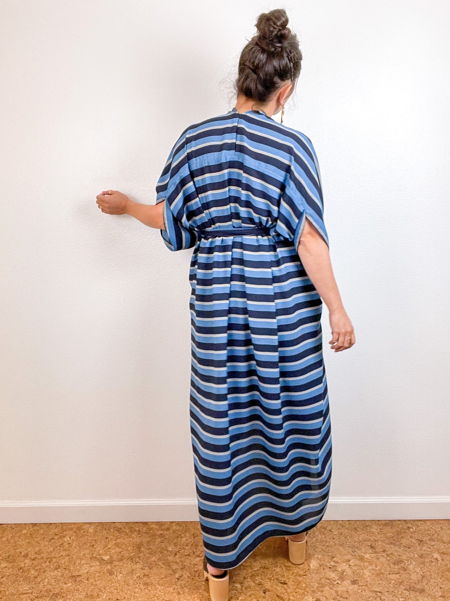 Print High Low Kimono Navy Blue Stripe Crepe