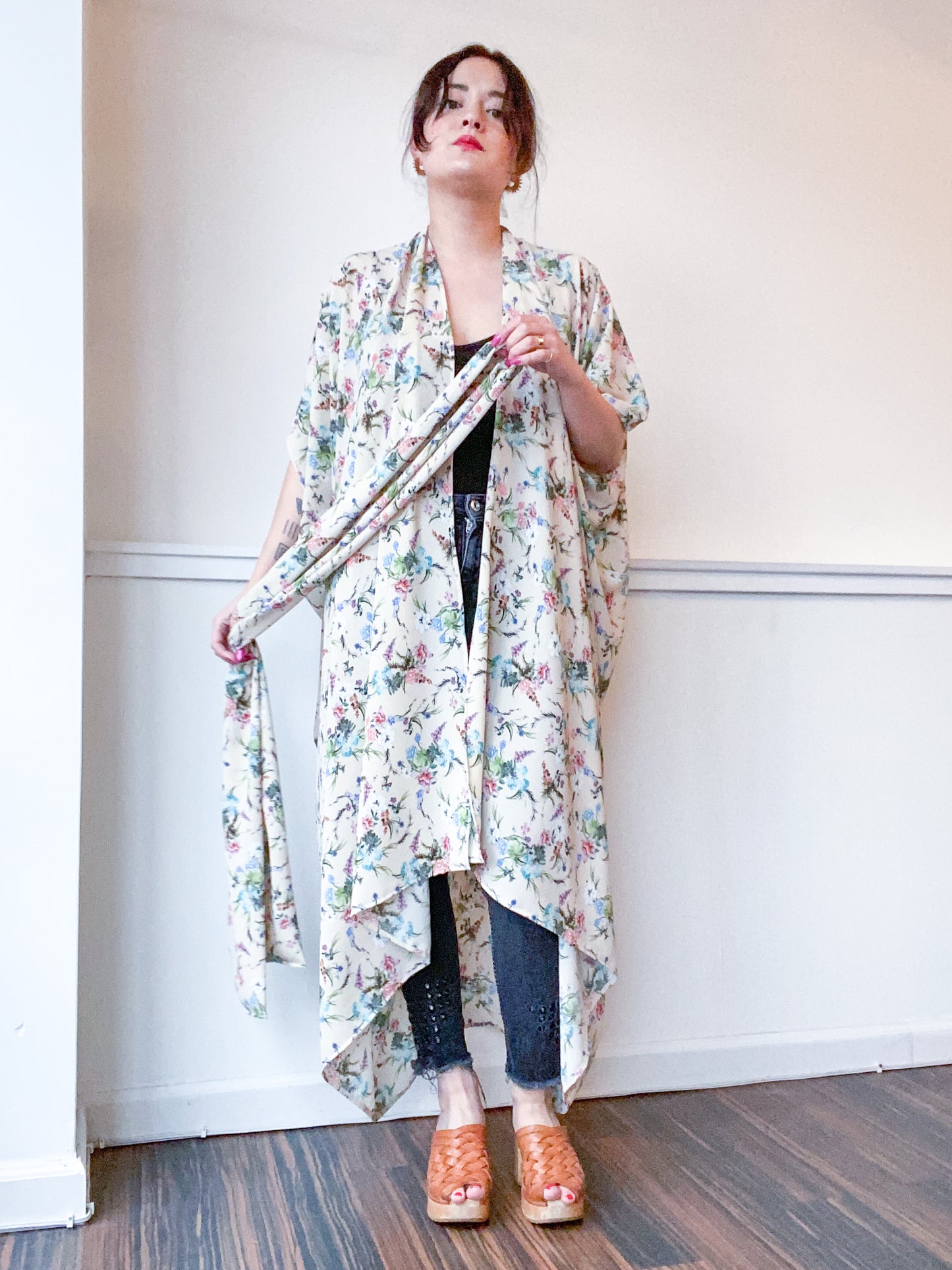 Print High Low Kimono Cream Mini Floral