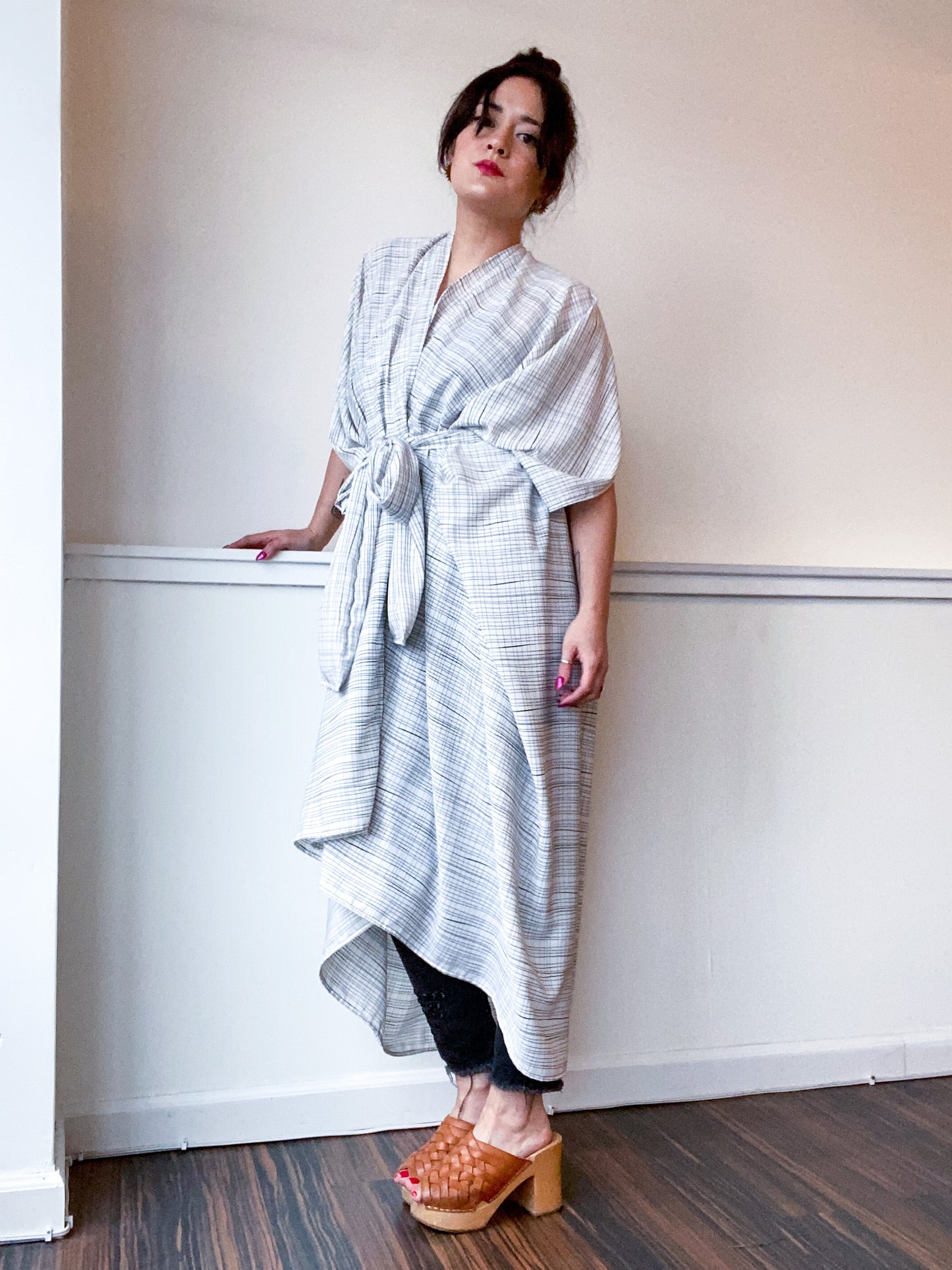 Print High Low Kimono Graphic Lines