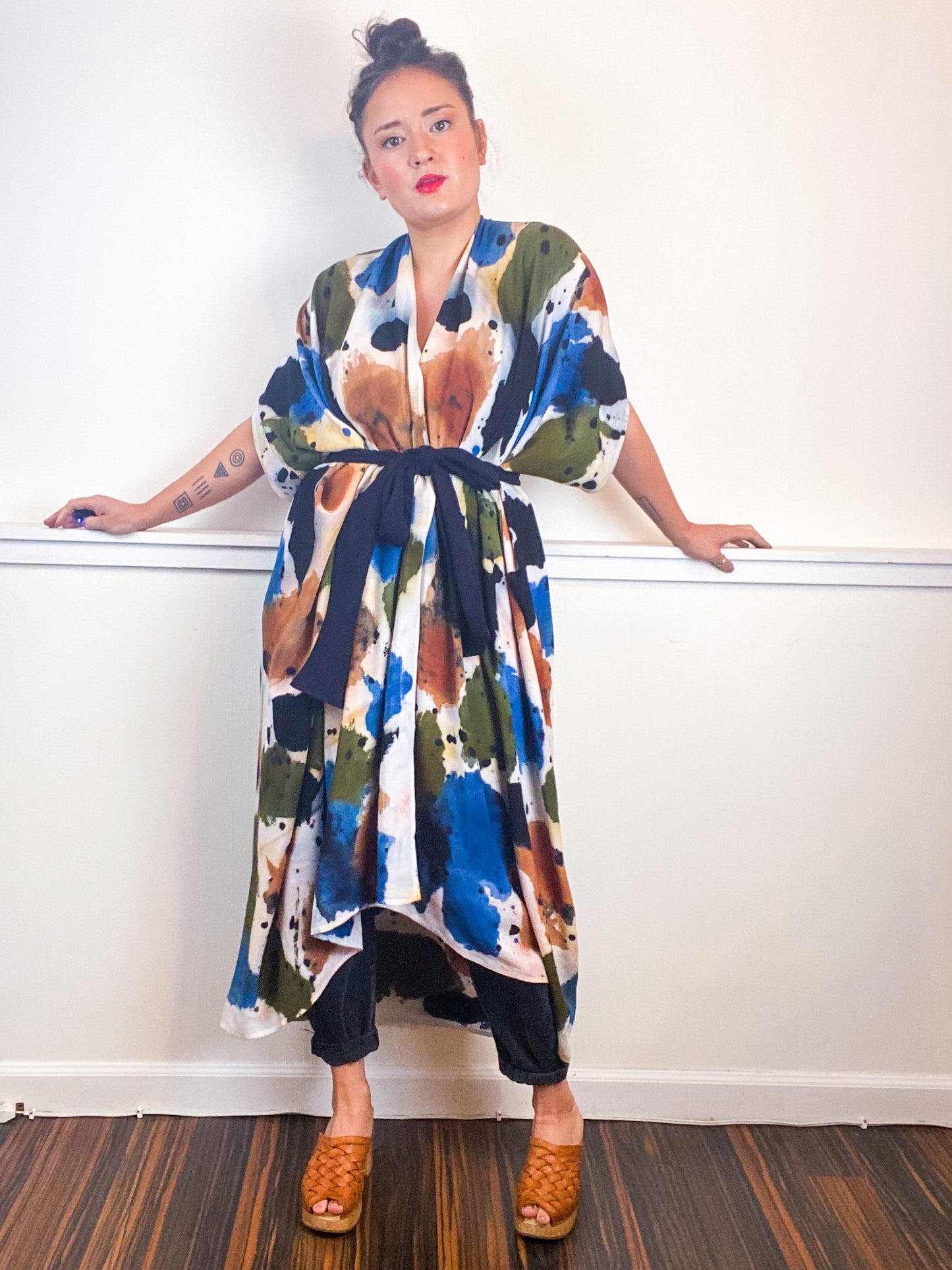 OOAK Hand-Dyed High Low Kimono Terracotta Moss Denim Raven Inkblot