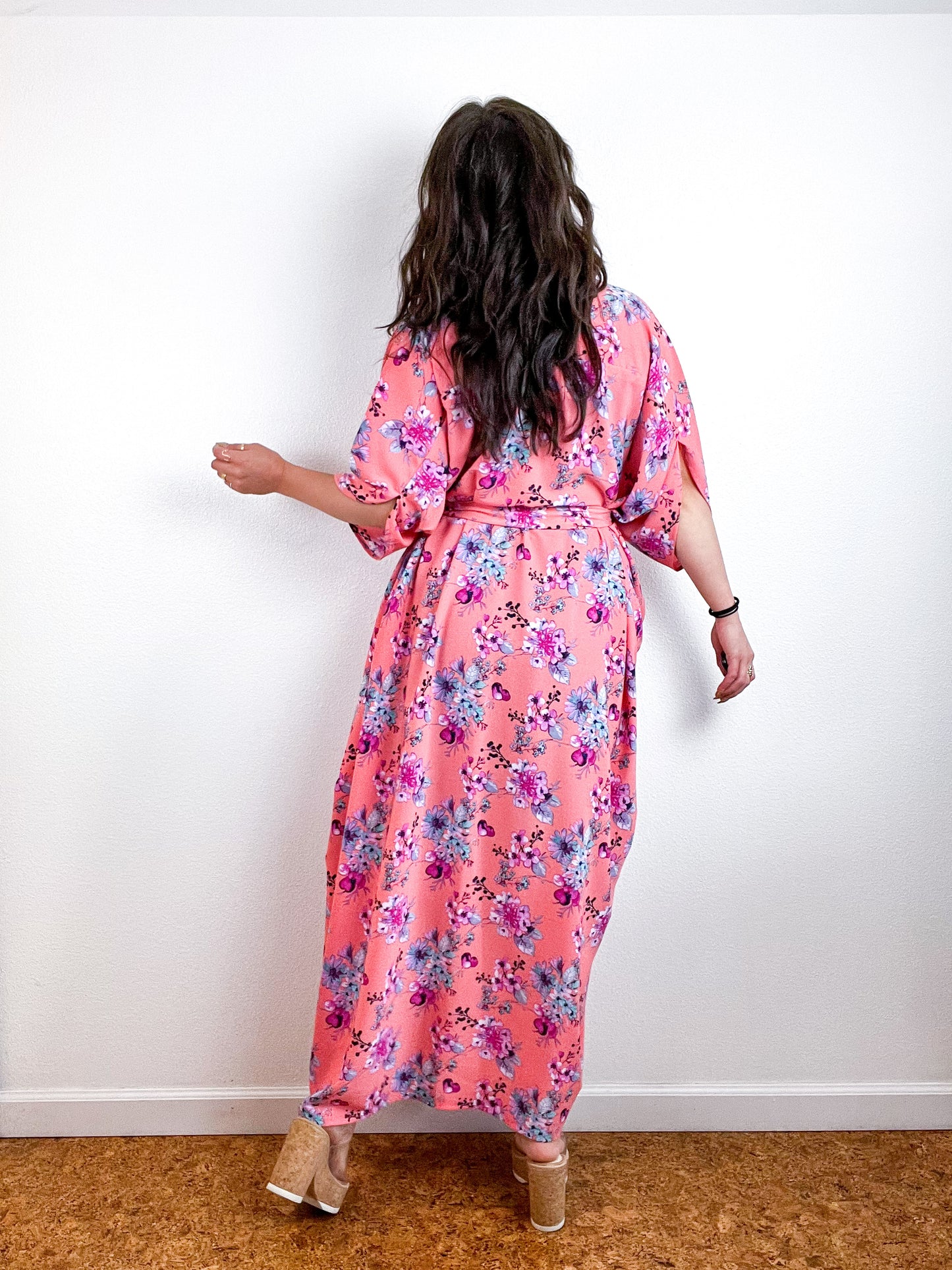 Print High Low Kimono Coral Floral Charmeuse