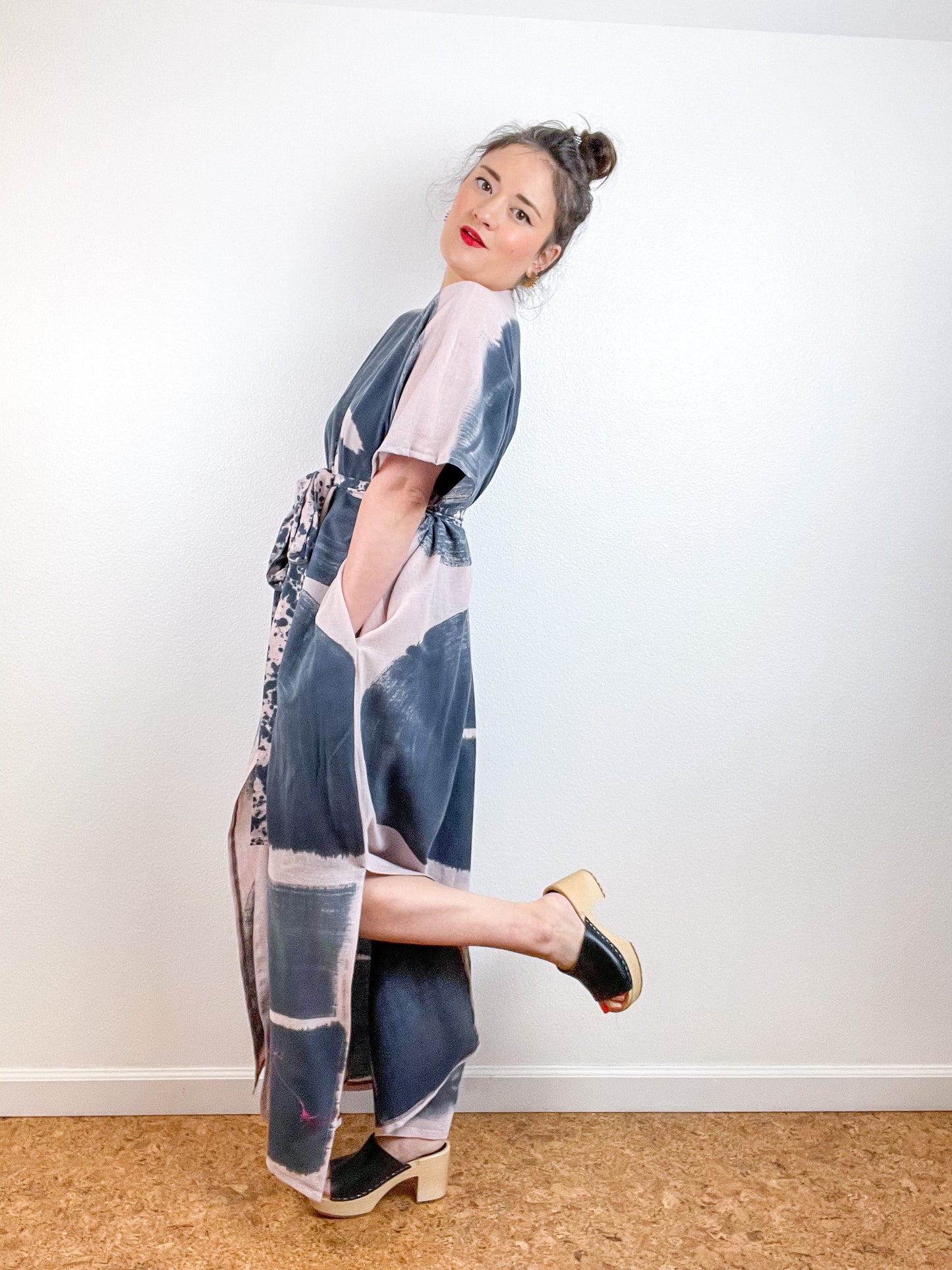 Single Gauze Duster Kimono Blush Graphite Brushstrokes