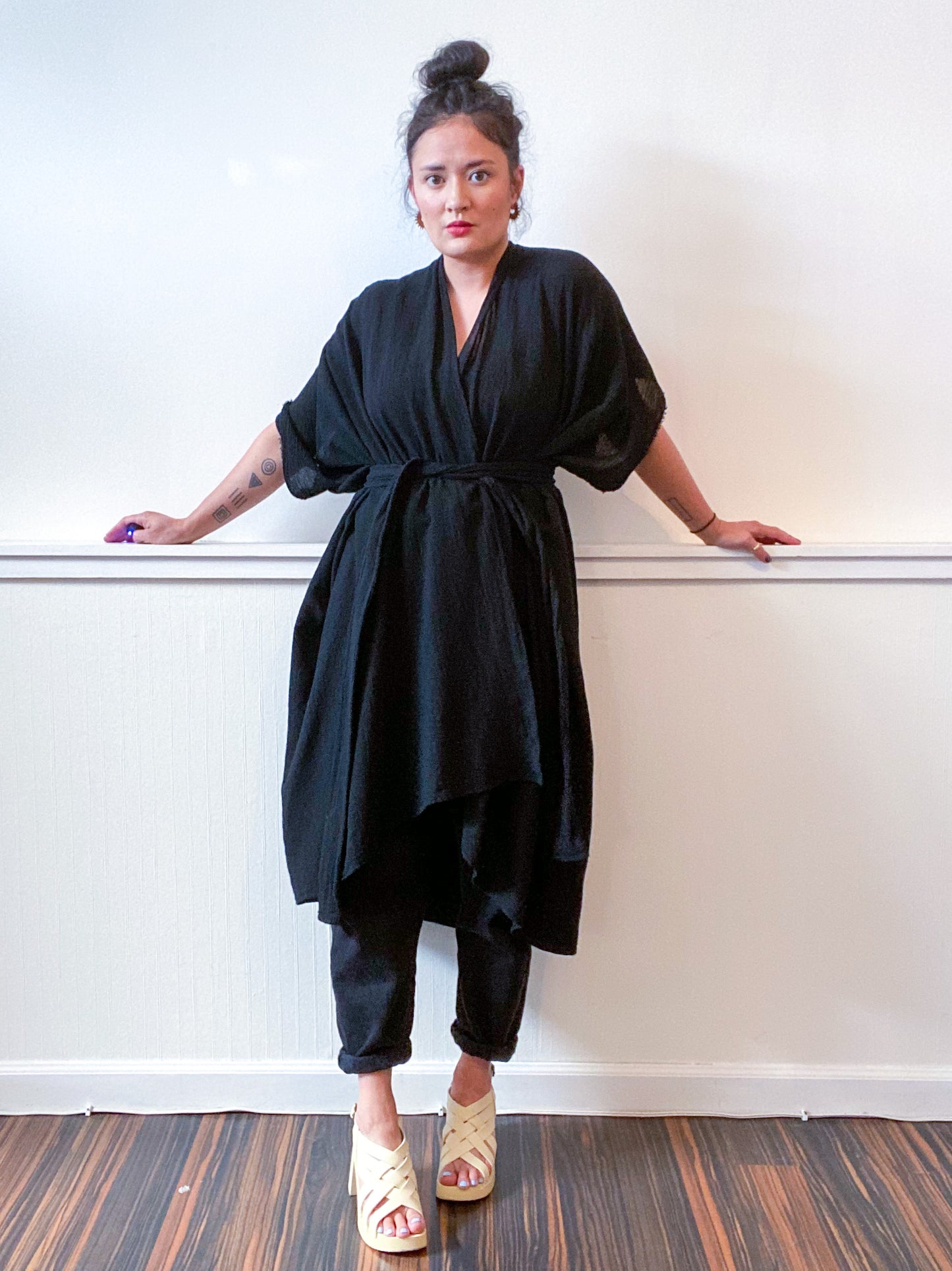 Solid High Low Kimono Black Cotton Gauze