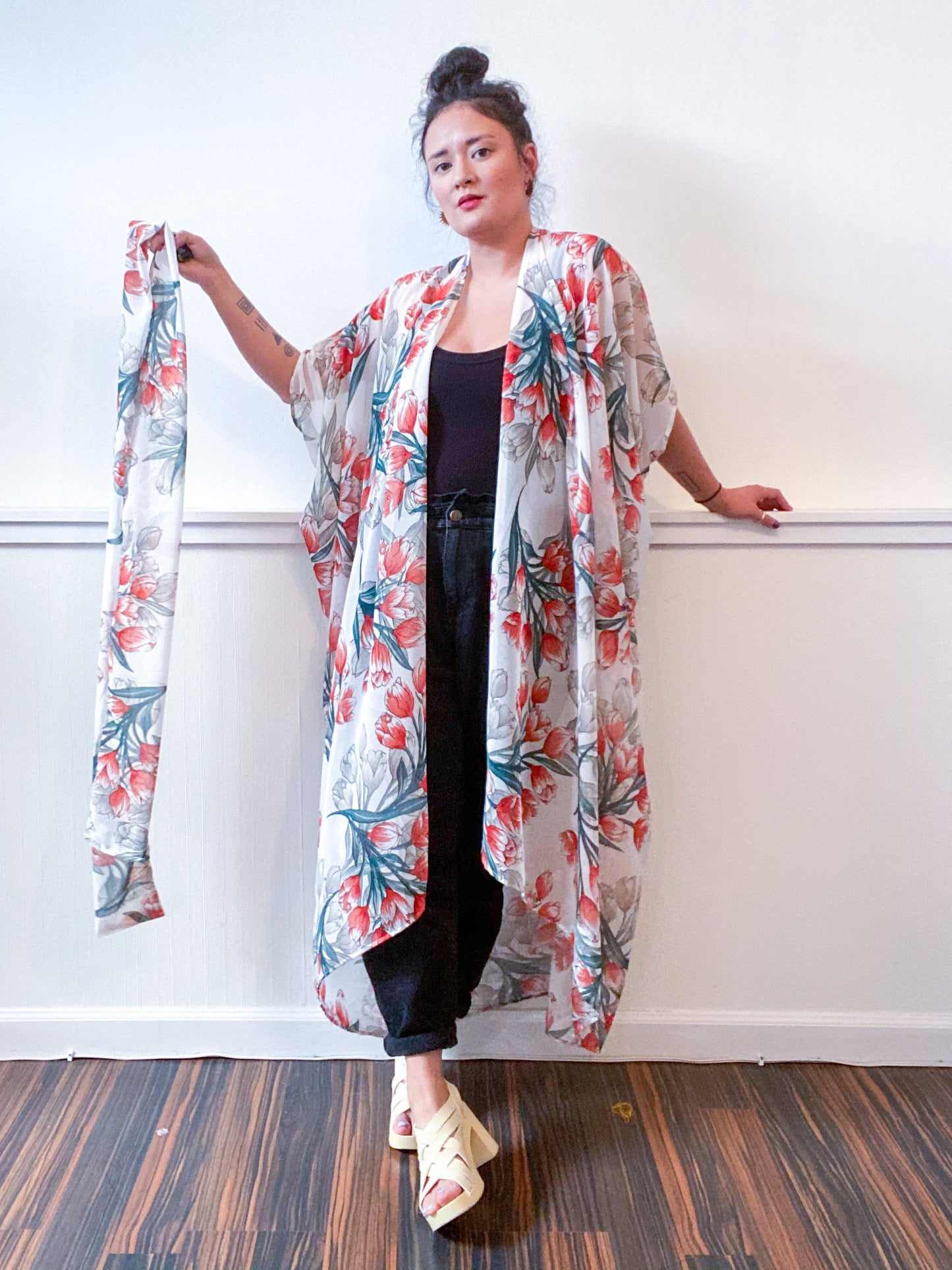 Print High Low Kimono Ivory Red Tulips Chiffon