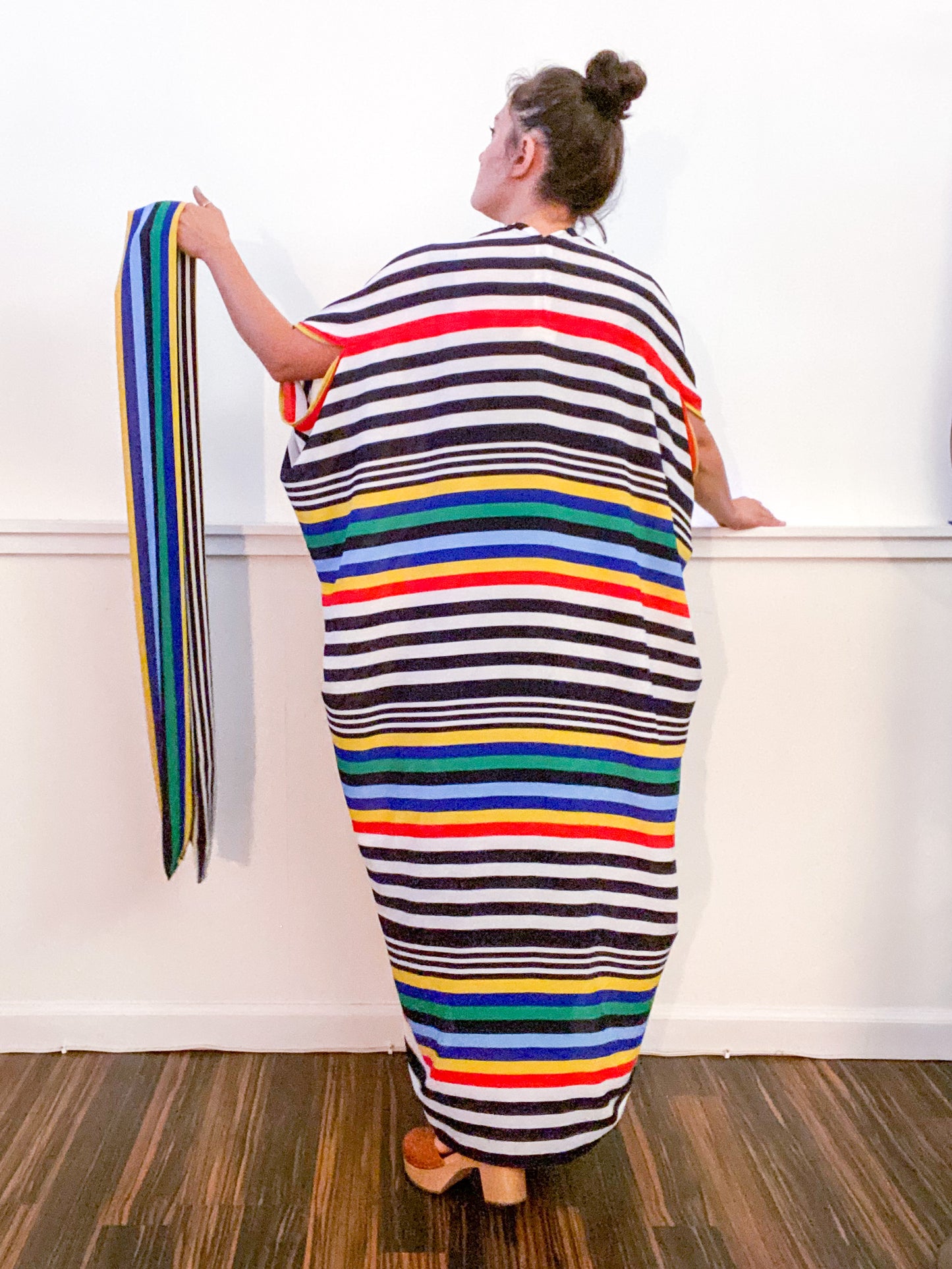 Print High Low Kimono Primary Stripe Bubble Crepe