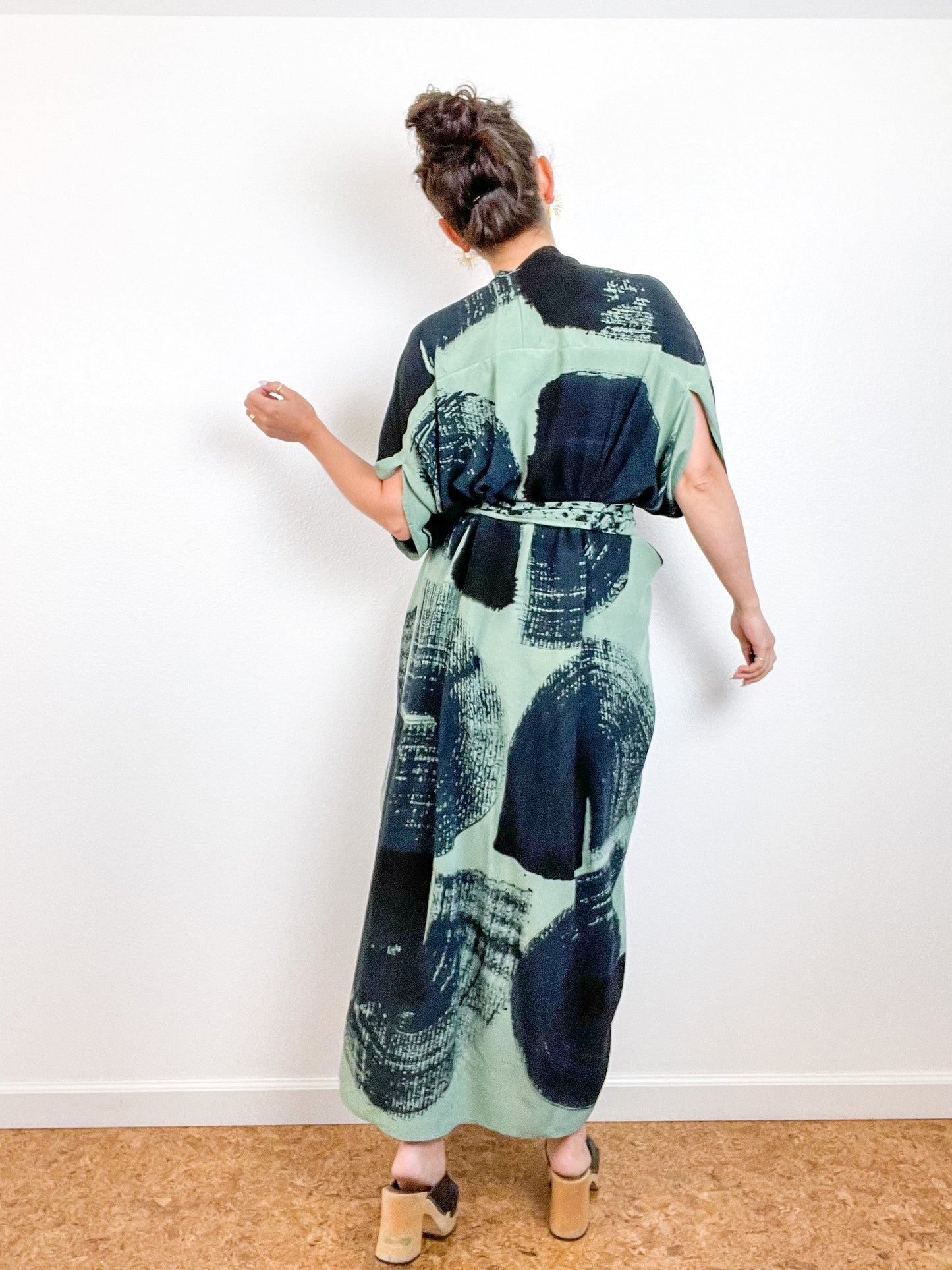 Hand-Dyed High Low Kimono Sage Black Brushstroke