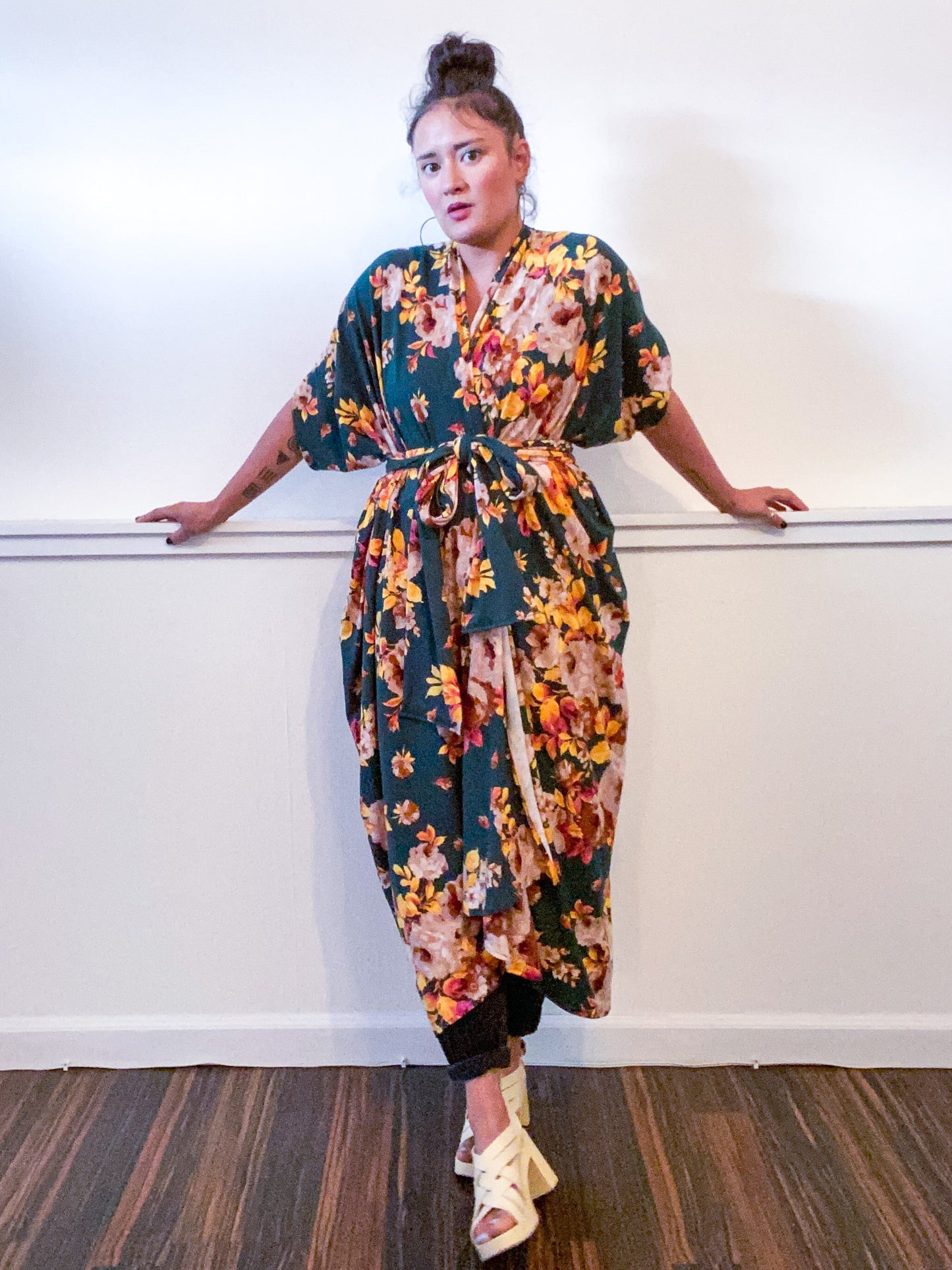 Print High Low Kimono Forest Green Rose Floral Knit
