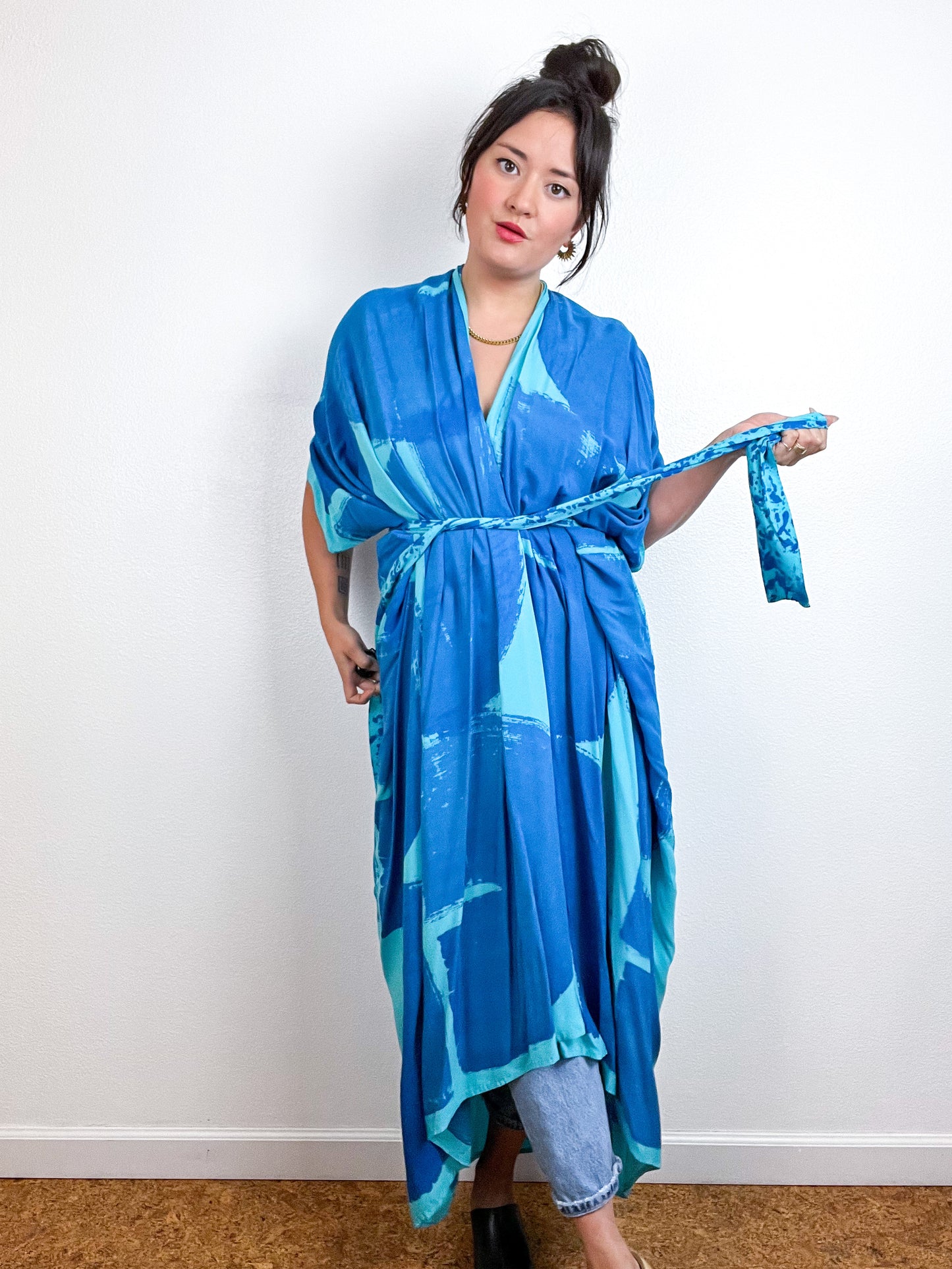 Hand-Dyed High Low Kimono Aqua Blue Brushstroke
