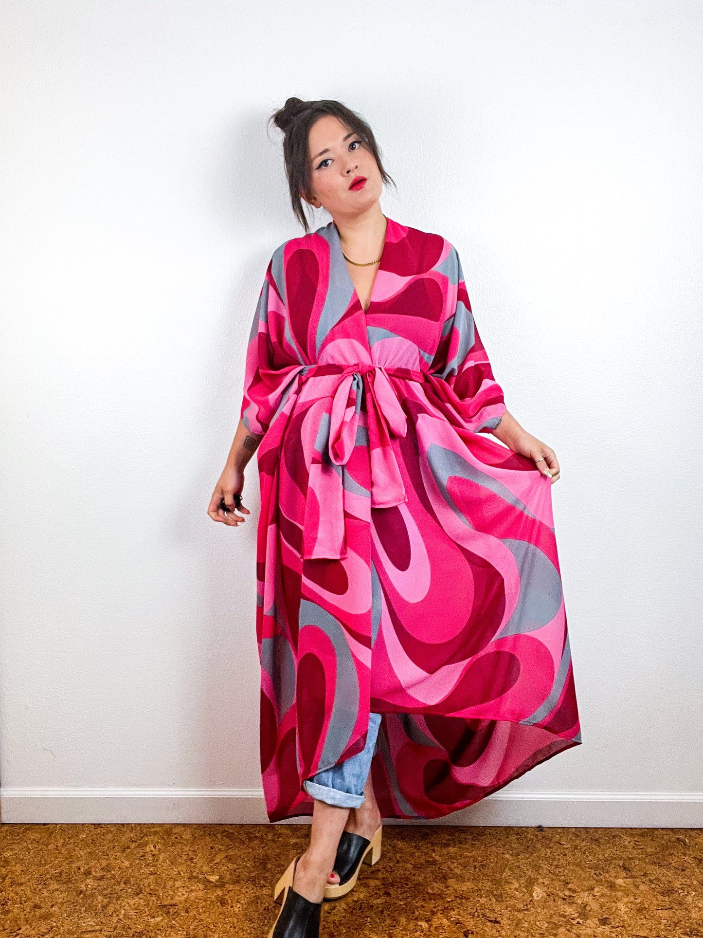 Print High Low Kimono Pink Seventies Swirl Chiffon