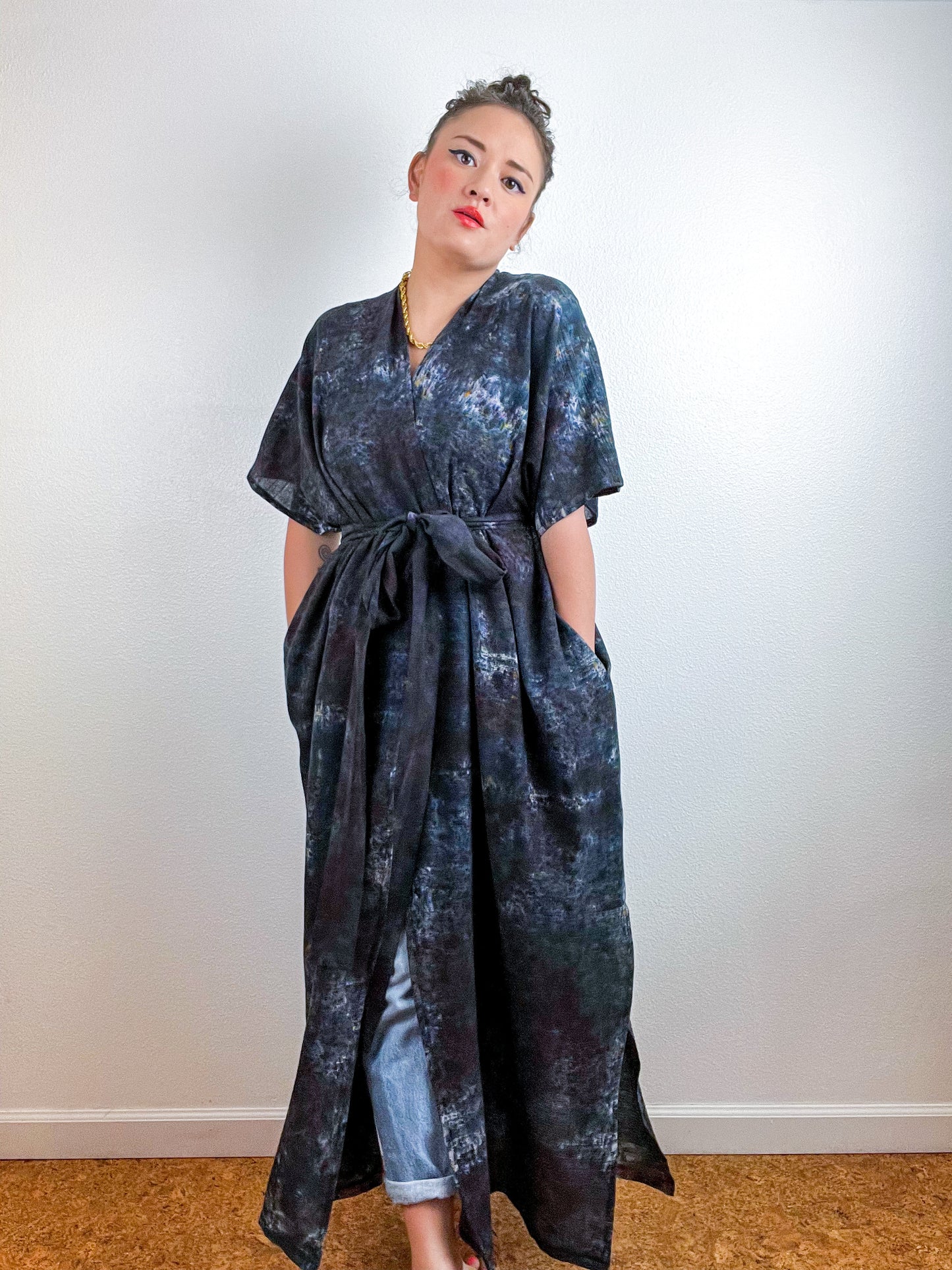 Single Gauze Duster Kimono Deconstructed Black