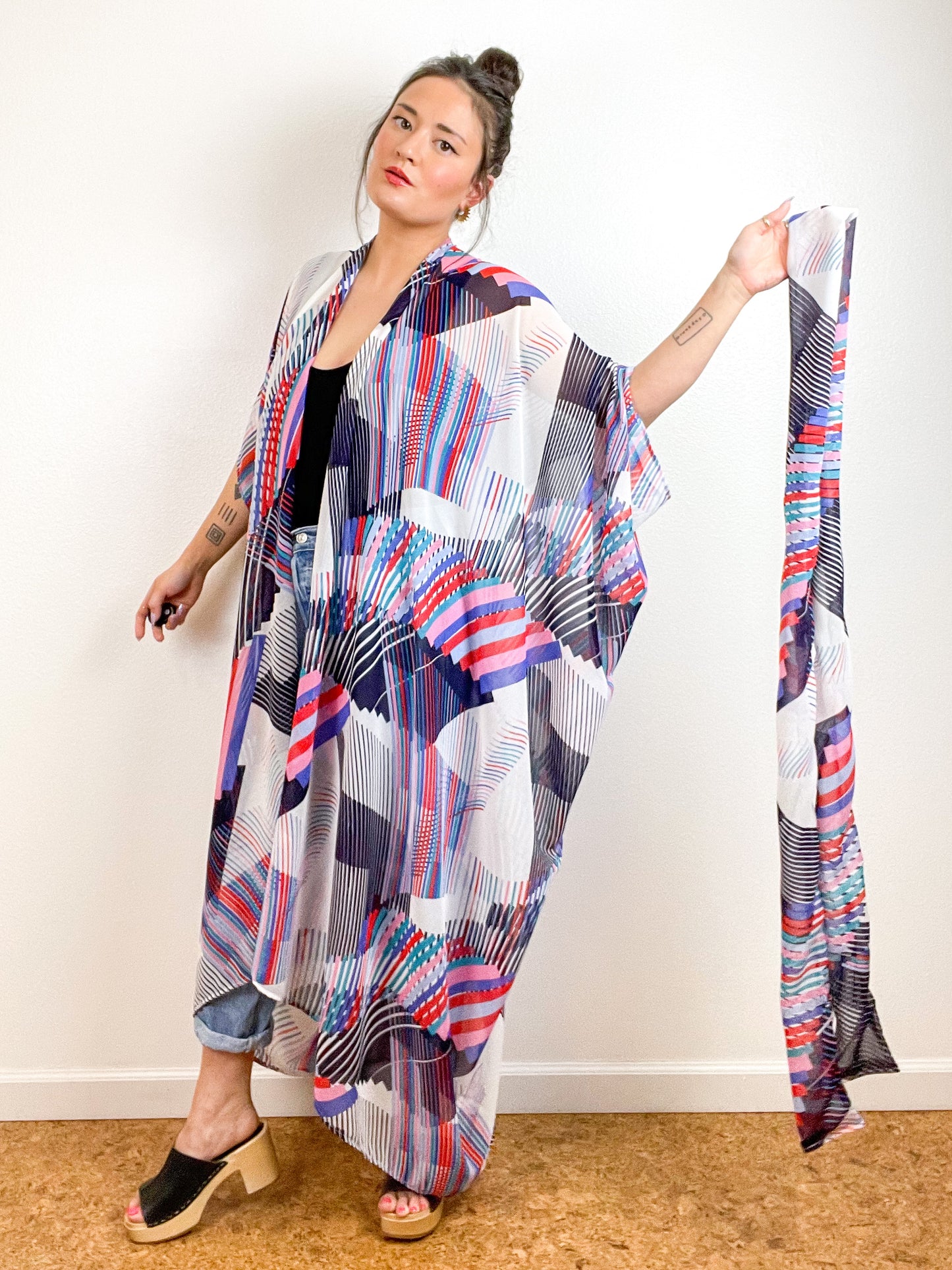 Print High Low Kimono Graphic Diagonals Chiffon