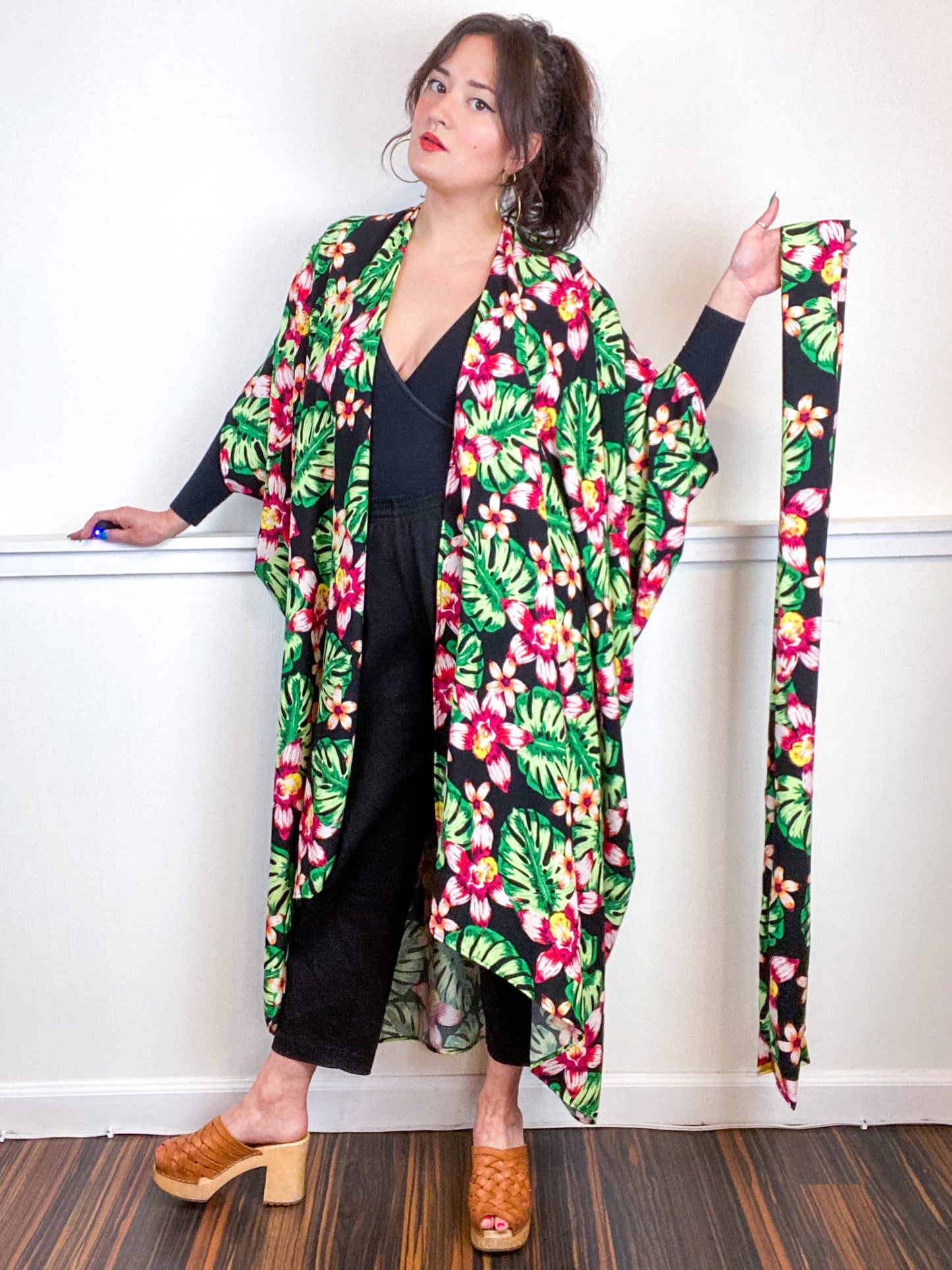 Print High Low Kimono Black Tropical Rayon Challis