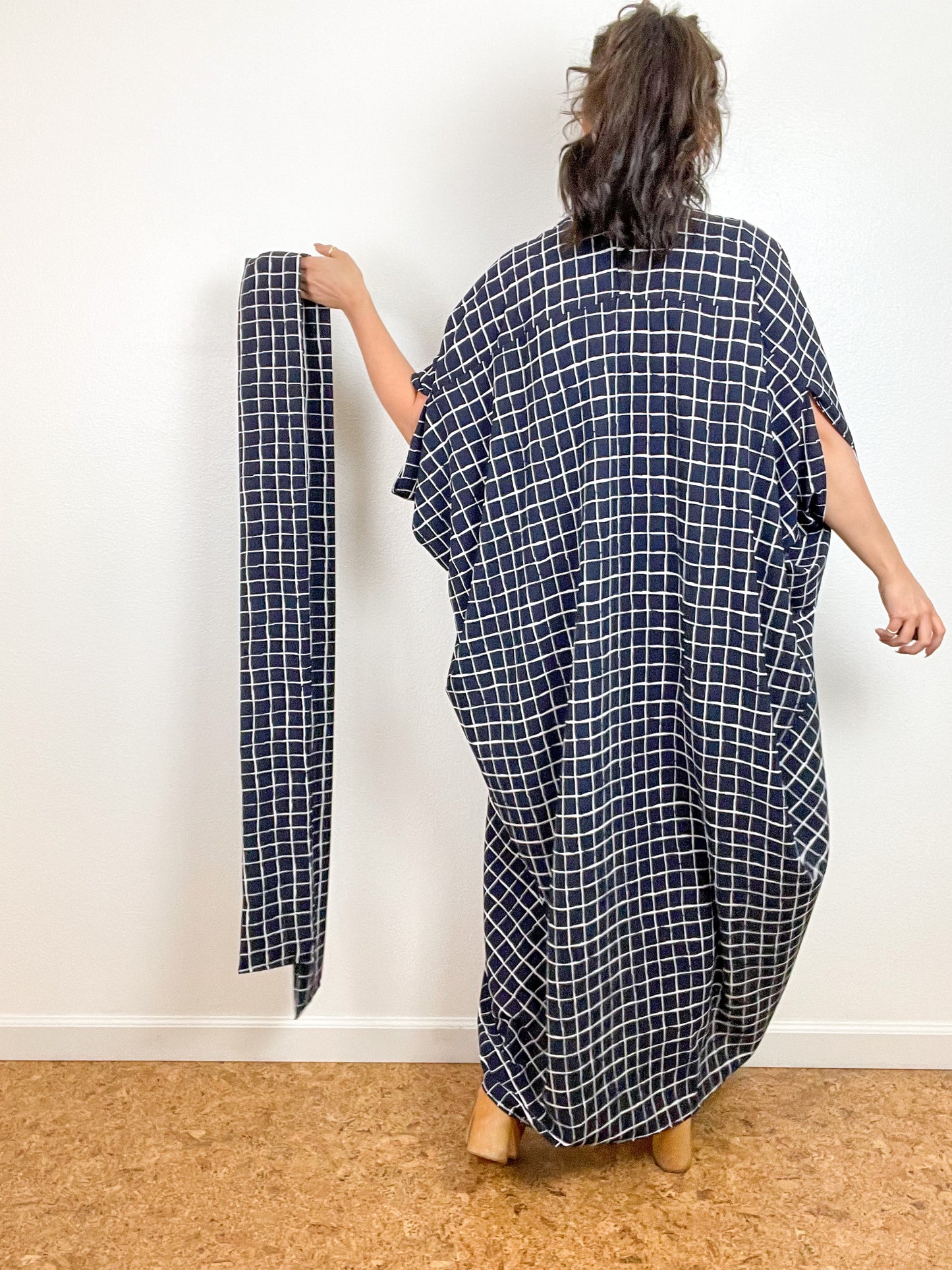 Print High Low Kimono Navy Windowpane Bubble Crepe