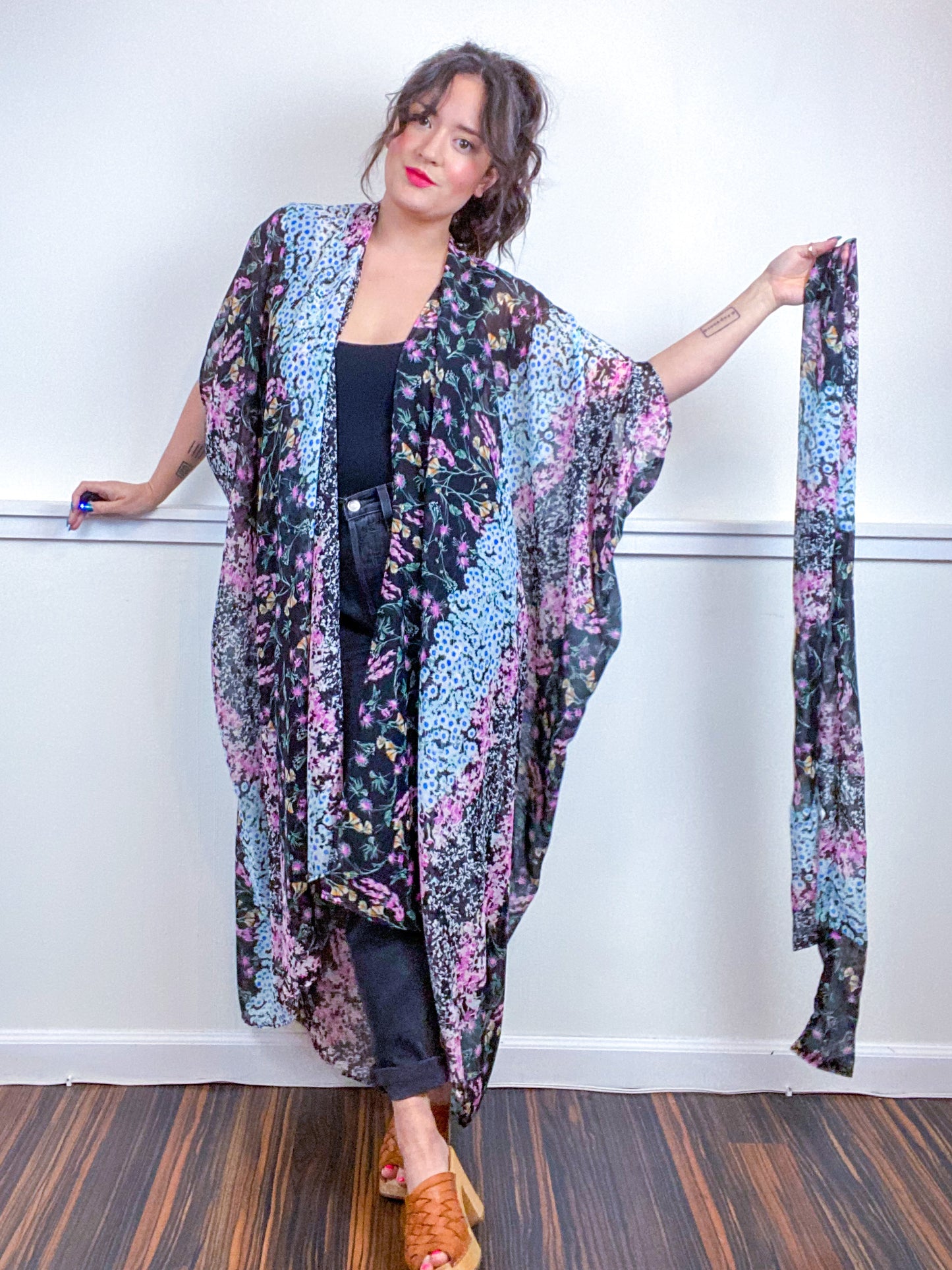 Print High Low Kimono Floral Stripe Crinkle Chiffon