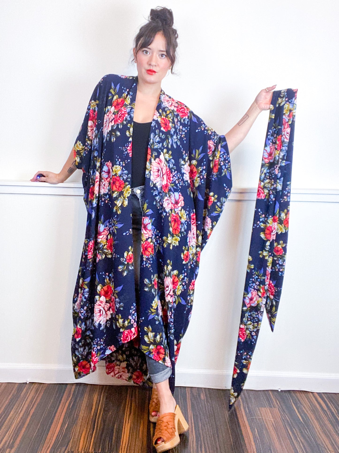 Print High Low Kimono Navy Bouquet Floral Bubble Crepe