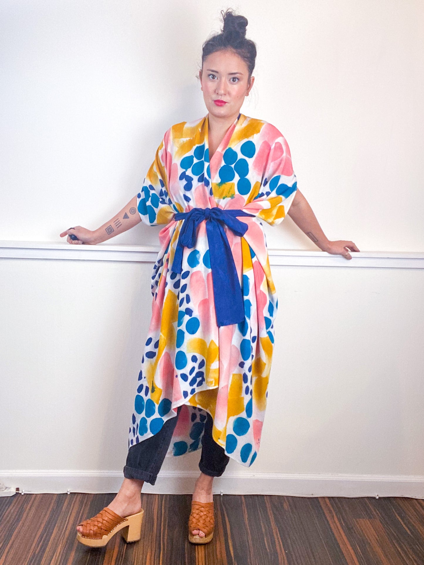 OOAK Hand-Dyed High Low Kimono Marigold Kingfisher Indigo Coral