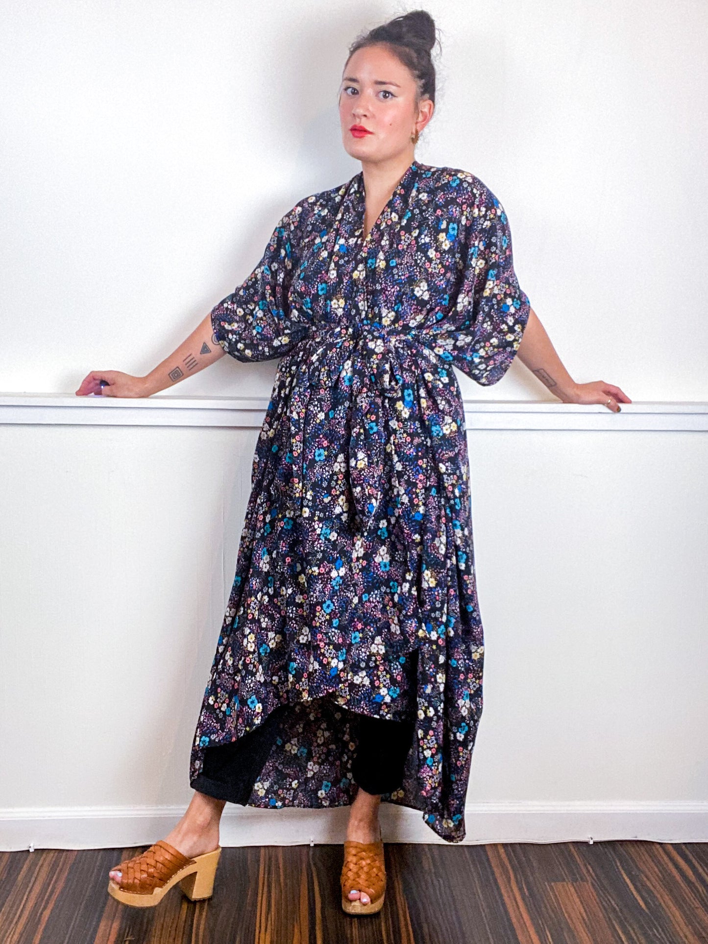Print High Low Kimono Mini Aqua Pink Black Floral Georgette
