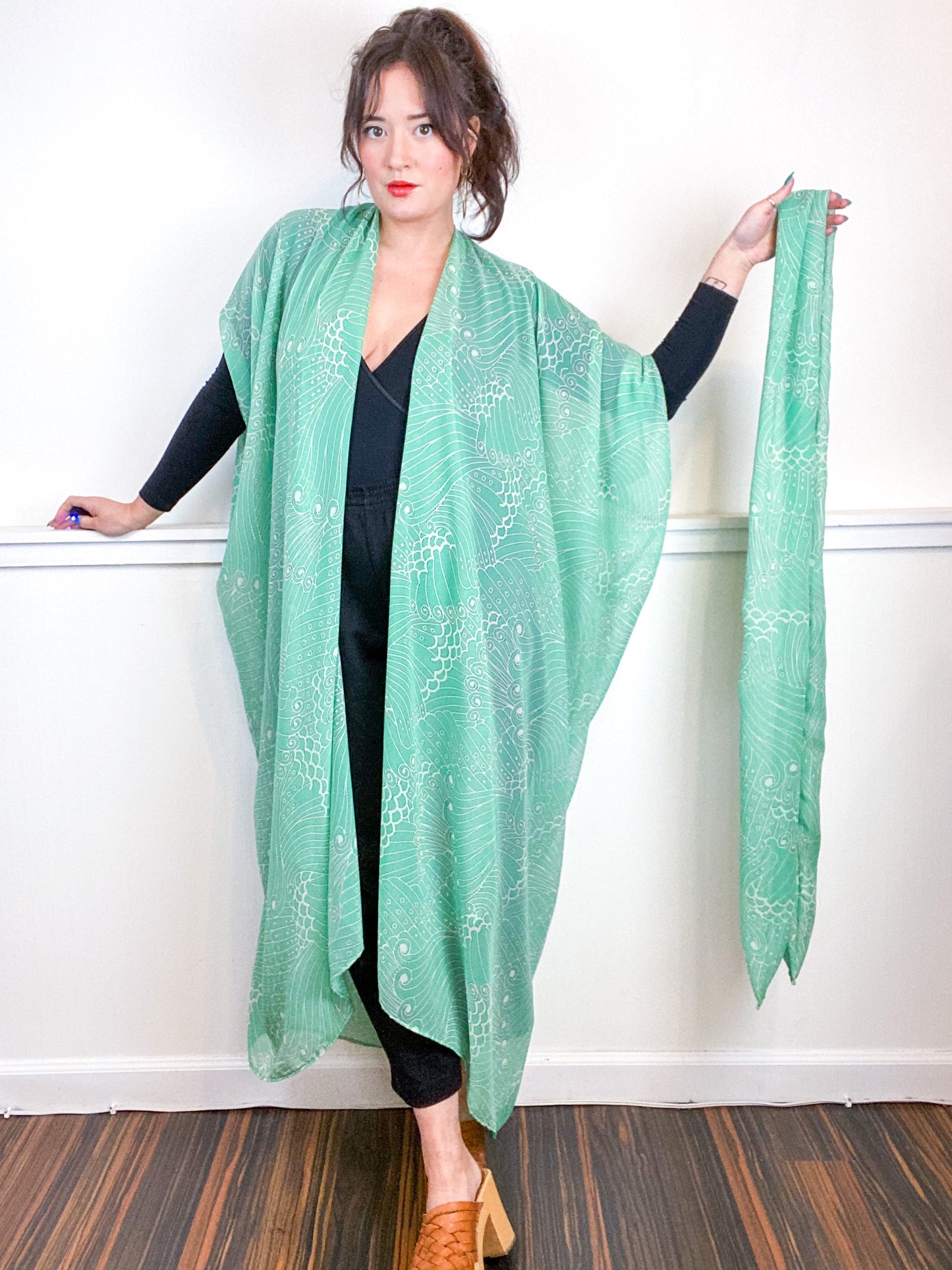 Print High Low Kimono Mint Swirl Chiffon